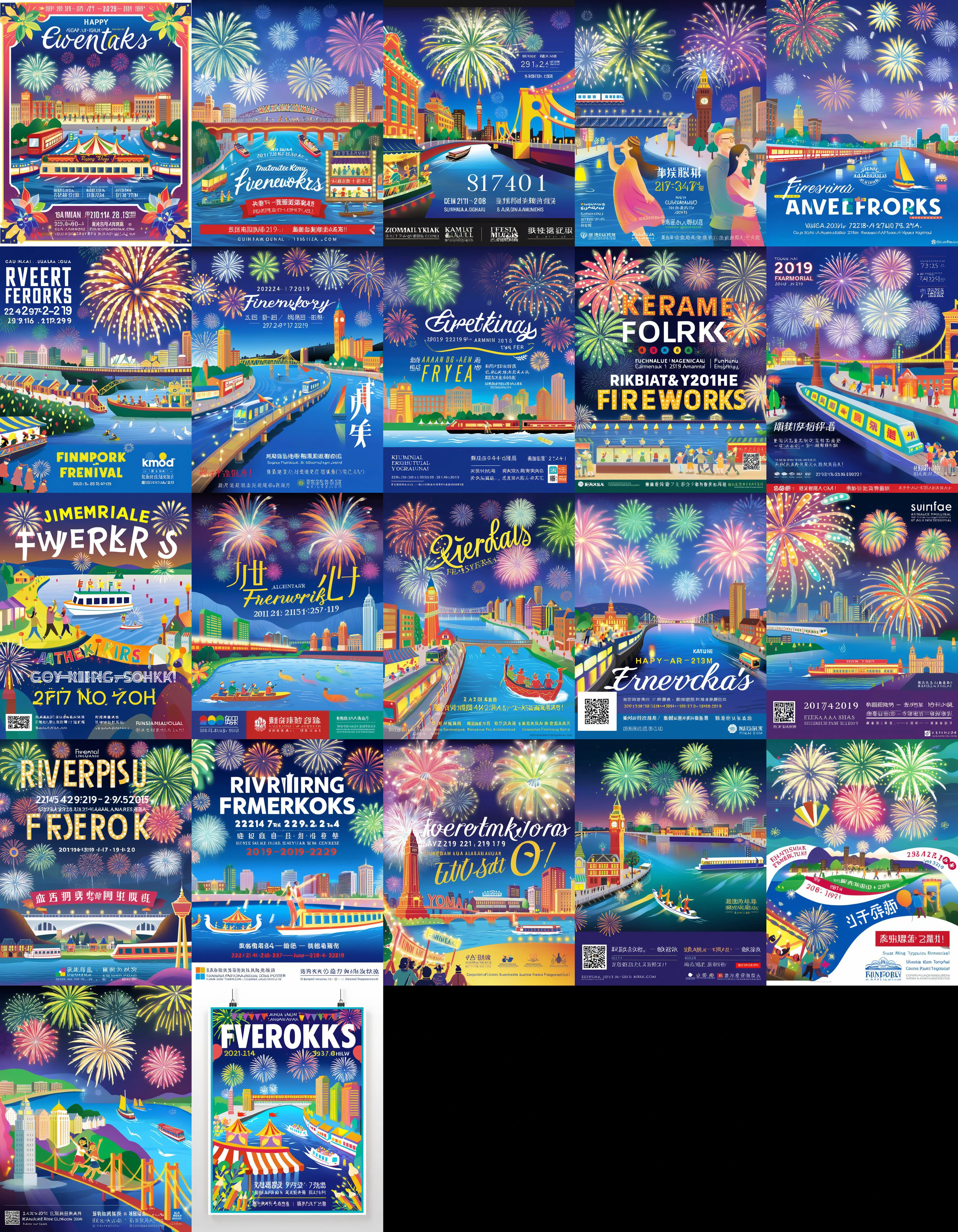 Create a joyous promotional poster in a vibrant digital painting style, capturing the excitement of a riverside fireworks festival. The artwork should feature a bustling crowd of diverse individuals, all gathered along the riverbank with expressions of awe and happiness as they watch the night sky illuminate with an array of colorful fireworks. Incorporate vivid colors and dynamic lighting to mimic the glittering reflections on the water's surface, enhancing the festive atmosphere. The poster must also include bold and celebratory typography announcing the event, with details elegantly integrated into the lively scene, <lora:poster2-000040:0.6>