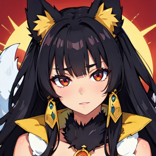 1 , high resolution, Bblack hair, hair rings, fox ears, laughter, Eyes red, RAND, jewel, anime styling, 