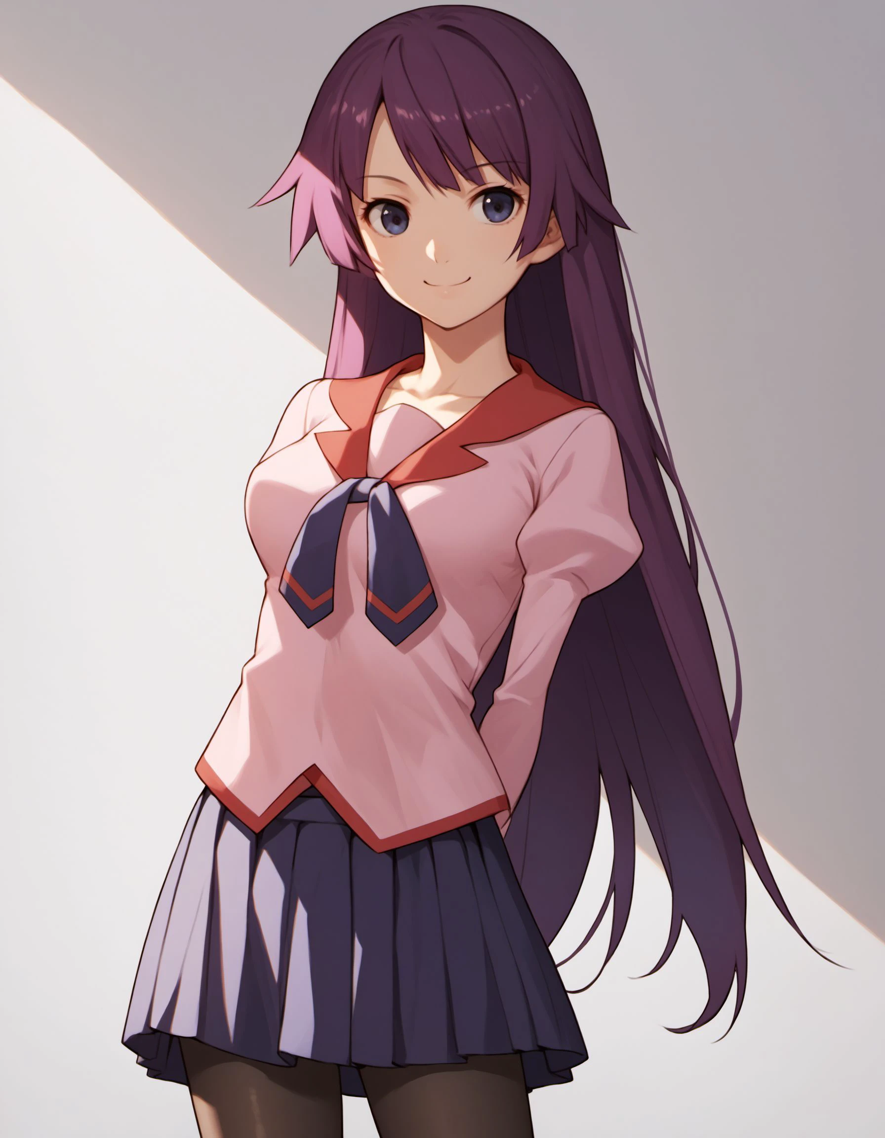score_9, score_8_up, score_7_up, score_6_up, score_5_up, score_4_up, source_anime, BREAK
SenjougaharaHitagi, 1girl, solo, school uniform, pantyhose, breasts, skirt, arms behind back, ribbon, smile,
<lora:SenjougaharaHitagi_PD6XL:1>