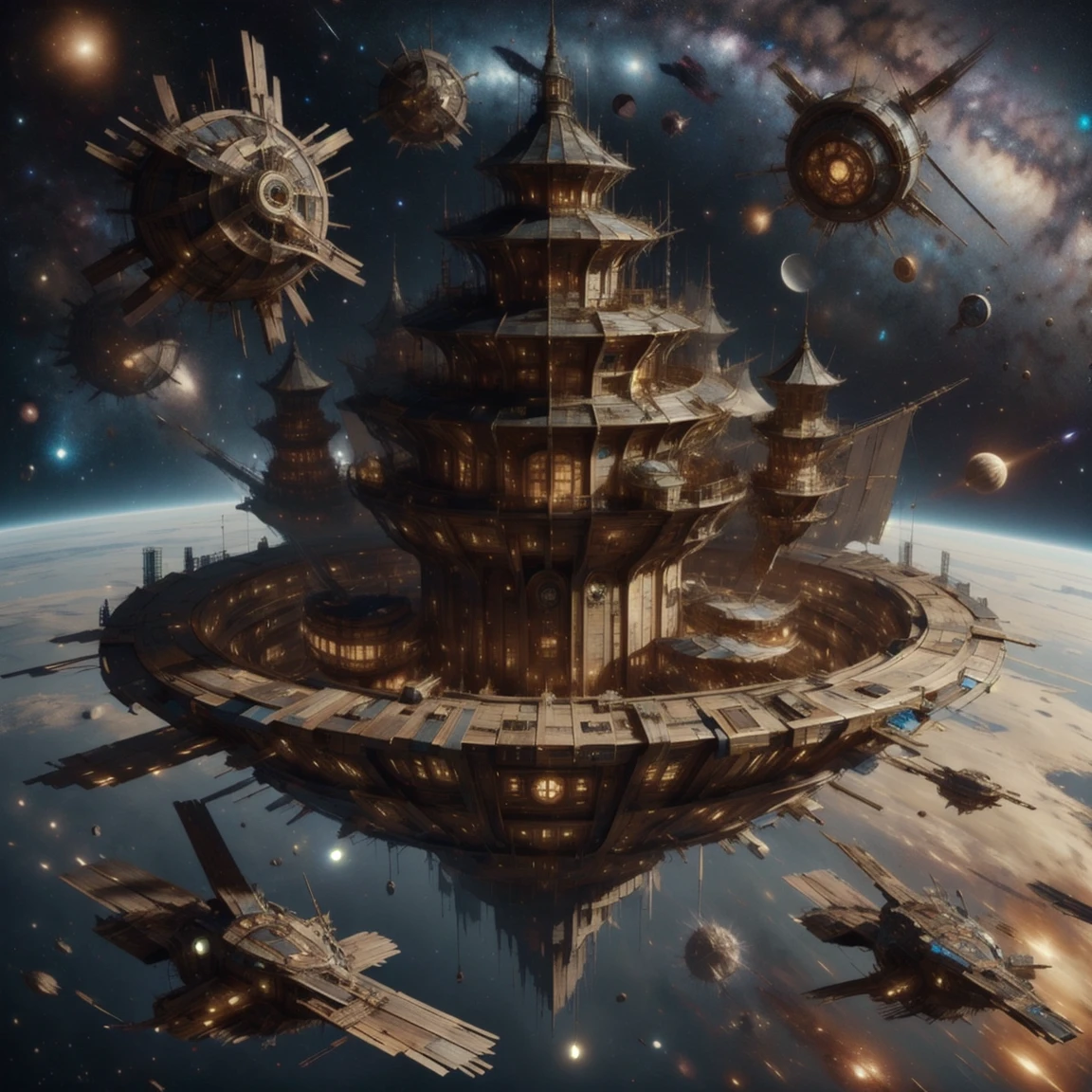 masterpiece, best quality, expressive eyes, absurdres, <lora:SalvagePirateWorld:1> salvagepirateworld, space station, floating in space,