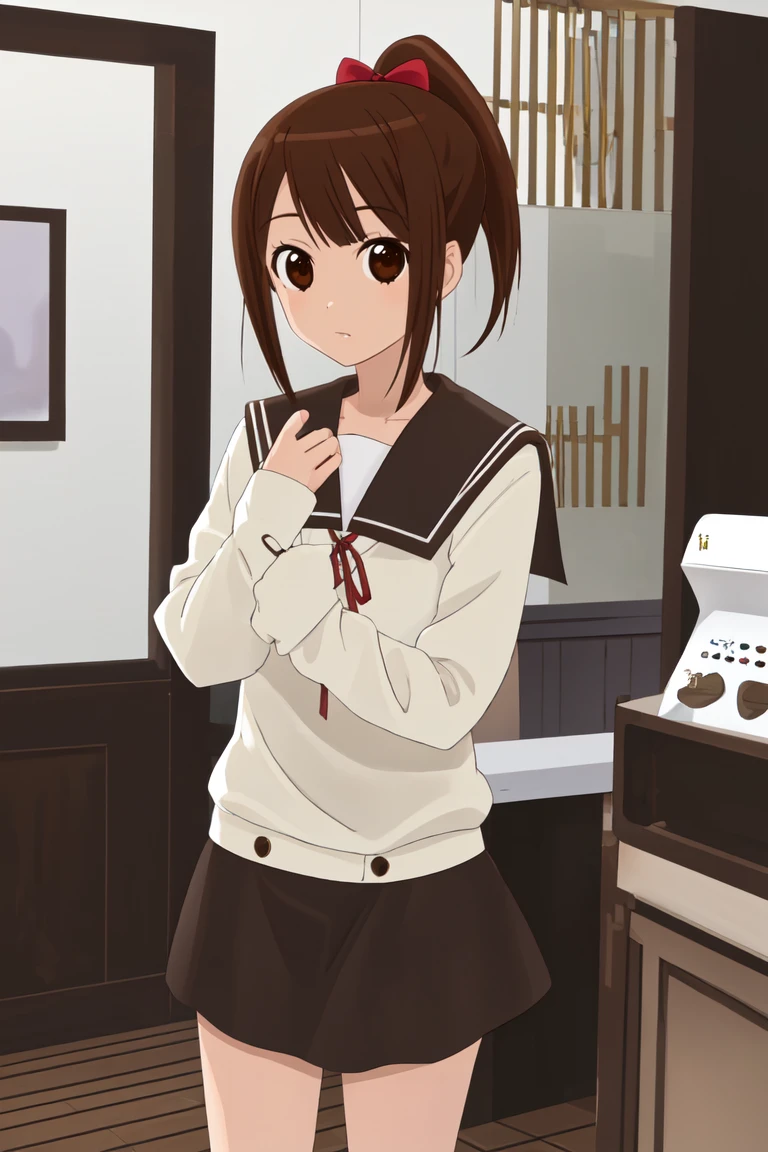 masterpiece,1girl, standing, hanawa_kaoru, solo, skirt, brown, brown hair, sarafuku, ponytail,  <lora:hanawa_kaoru:0.9>