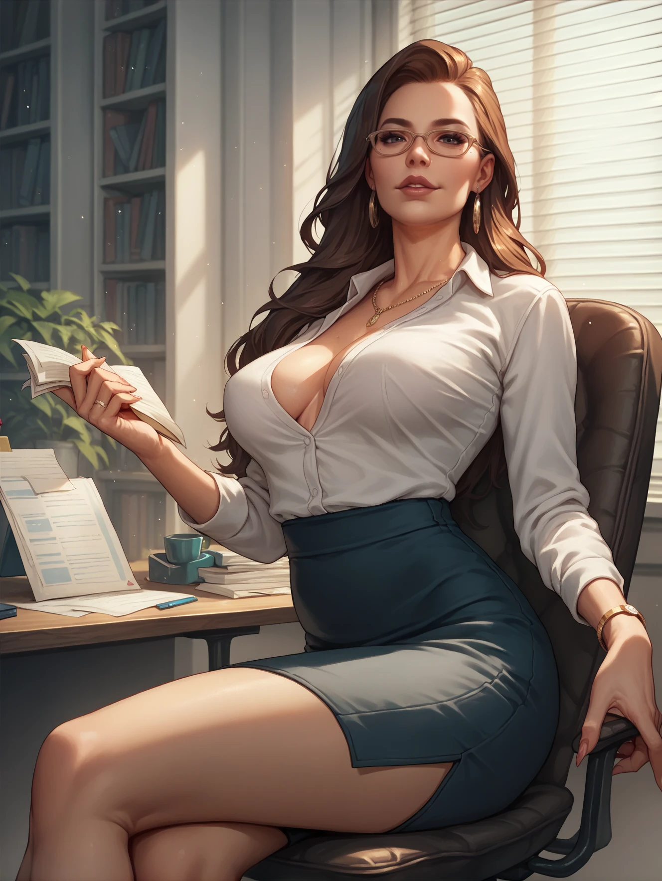 score_9, score_8_up, score_7_up, score_6_up, score_5_up, score_4_up, mature businesswoman sitting on chair in office looking at viewer,  <lora:LegendsofRuneterraXL:1>