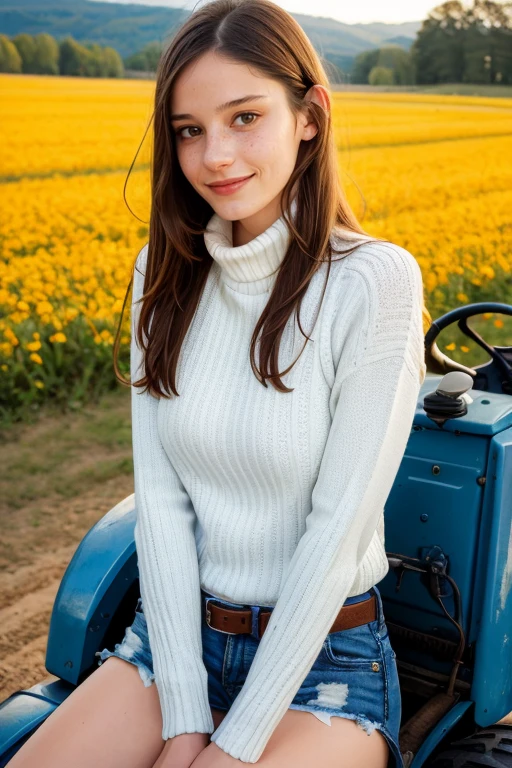 <lora:Wolvie_r1lee_v1.0:1.2> r1l33,1girl, brown eyes, brown hair, smile, ((dental braces on teeth)), freckles, (masterpiece:1.3),(best quality:1.3),8k, highestres, absurdres, perfect composition, delicate, realistic proportions, ultra sharp, beautiful, stunning beauty, beautiful detailed eyes, textured skin, perfect face, Canon50, perfect shadows, medium breasts, wearing a White turtleneck, wearing a sapphire colored puffy jacket, solo focus, jewelry, riding a tractor in a field