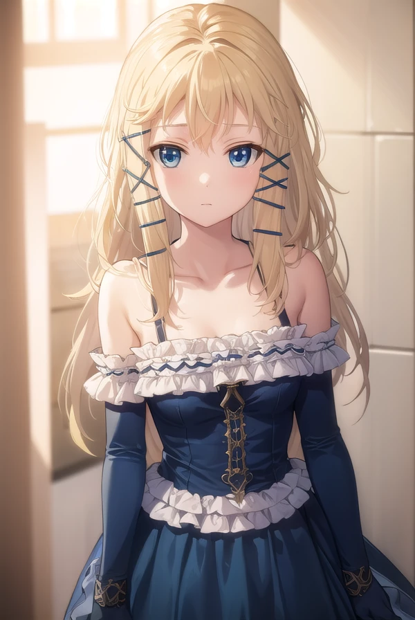 tinasprout, <lora:tina sprout s1-lora-nochekaiser:1>,
tina sprout, long hair, blonde hair, hair ornament, blue eyes,
BREAK gloves, dress, bare shoulders, frills, black gloves, elbow gloves, blue dress, frilled dress,
BREAK indoors,
BREAK looking at viewer, (cowboy shot:1.5),
BREAK <lyco:GoodHands-beta2:1>, (masterpiece:1.2), best quality, high resolution, unity 8k wallpaper, (illustration:0.8), (beautiful detailed eyes:1.6), extremely detailed face, perfect lighting, extremely detailed CG, (perfect hands, perfect anatomy),