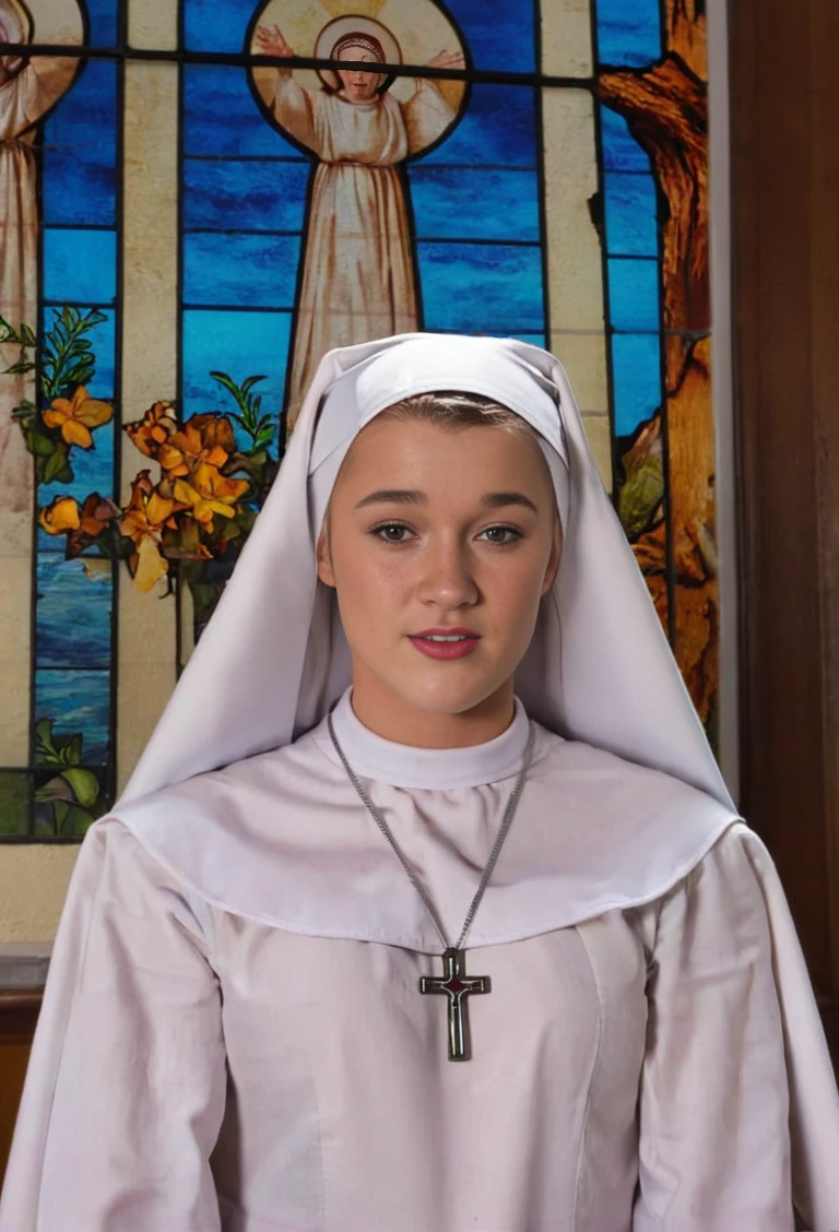 cinematic film still closeup portrait of  <lora:atkbunny:1> atkbunny as a nun in church, stained glass window . shallow depth of field, vignette, highly detailed, high budget, bokeh, cinemascope, moody, epic, gorgeous, film grain, grainy