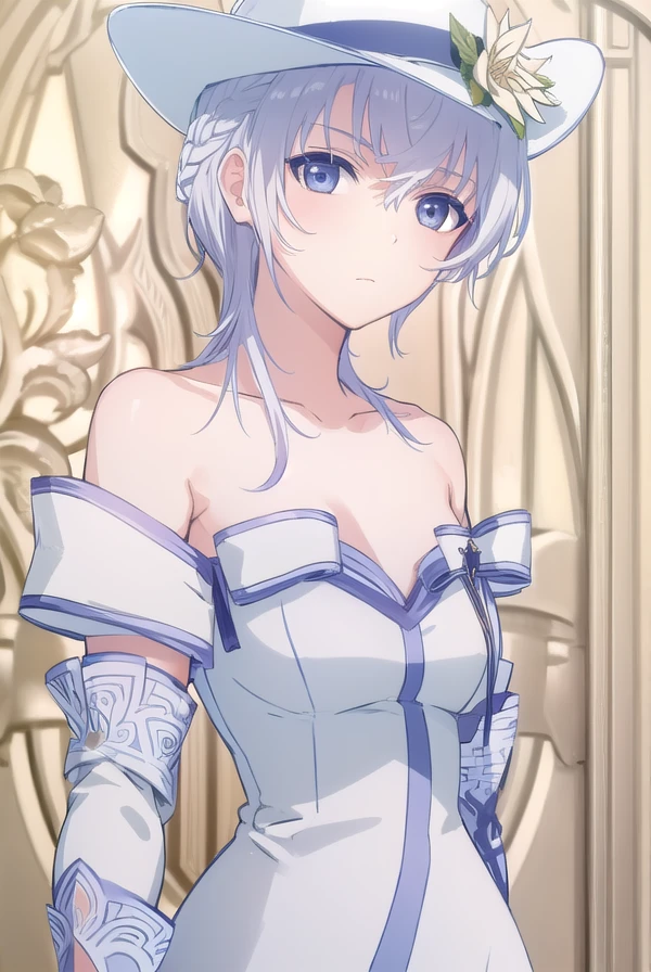 seitenshi, <lora:seitenshi s1-lora-nochekaiser:1>,
seitenshi, short hair, braid, white hair, (grey eyes:1.3),
BREAK gloves, hat, dress, bare shoulders, collarbone, elbow gloves, white gloves, white dress, white headwear, sun hat, long dress, hat flower,
BREAK indoors,
BREAK looking at viewer, (cowboy shot:1.5),
BREAK <lyco:GoodHands-beta2:1>, (masterpiece:1.2), best quality, high resolution, unity 8k wallpaper, (illustration:0.8), (beautiful detailed eyes:1.6), extremely detailed face, perfect lighting, extremely detailed CG, (perfect hands, perfect anatomy),