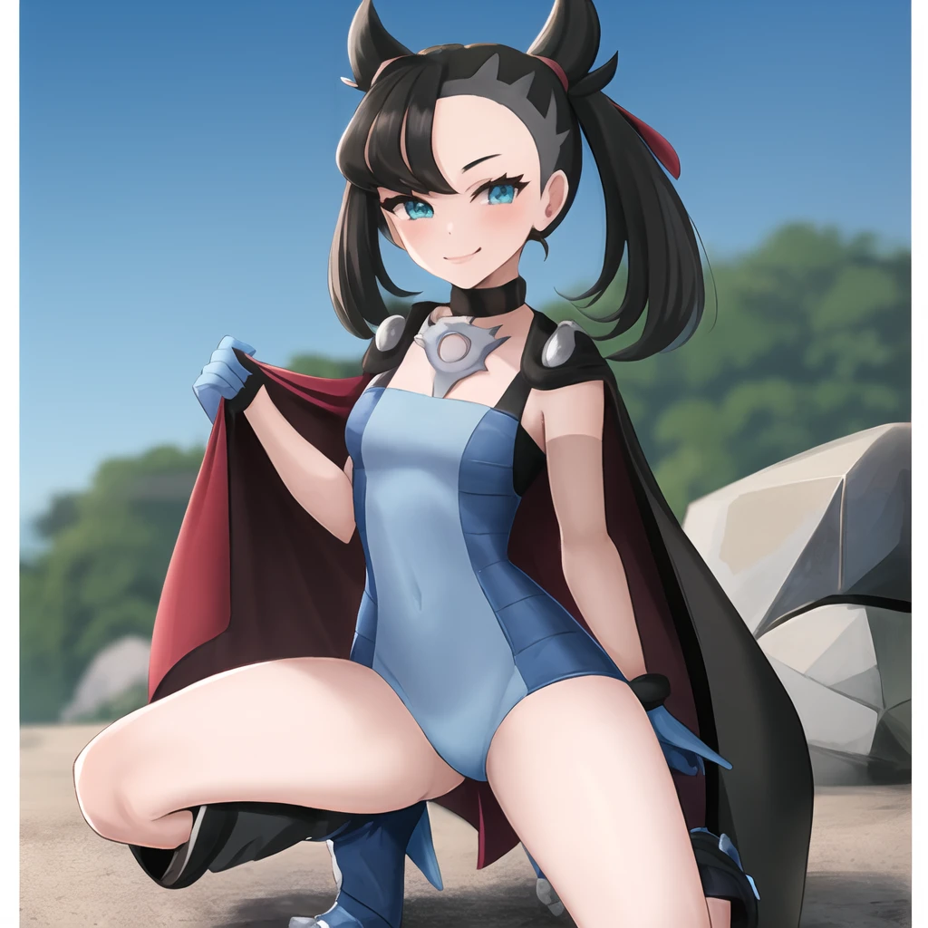 masterpiece, best quality, highly detailed, 1girl, solo, <lora:marnie_pokemon-08:1> (marnie_pokemon:1.3),
black hair, asymmetrical bangs, hair ribbon, green eyes, (seductive smile:1.4), small breasts, choker, collar, blush,
cave, rocks, kneeling
<lora:clair_outfit-08:1> (clair_outfit:1.4), bodysuit, blue bodysuit, two-tone bodysuit, bare shoulders, sleeveless, cape, black cape, purple cape, two-sided cape, necklace, collar, choker, gloves blue gloves, boots, knee boots, blue boots, blue footwear, gem, pearl (gemstone)