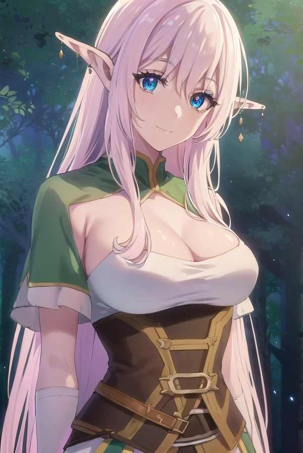 yarandrala, <lora:yarandrala s1-lora-nochekaiser:1>,
yarandrala, long hair, bangs, blue eyes, hair between eyes, very long hair, pink hair, pointy ears, elf, smile,
BREAK gloves, cleavage, jewelry, earrings, corset, dress, green dress, pelvic curtain,
BREAK outdoors,
BREAK looking at viewer, (cowboy shot:1.5),
BREAK <lyco:GoodHands-beta2:1>, (masterpiece:1.2), best quality, high resolution, unity 8k wallpaper, (illustration:0.8), (beautiful detailed eyes:1.6), extremely detailed face, perfect lighting, extremely detailed CG, (perfect hands, perfect anatomy),