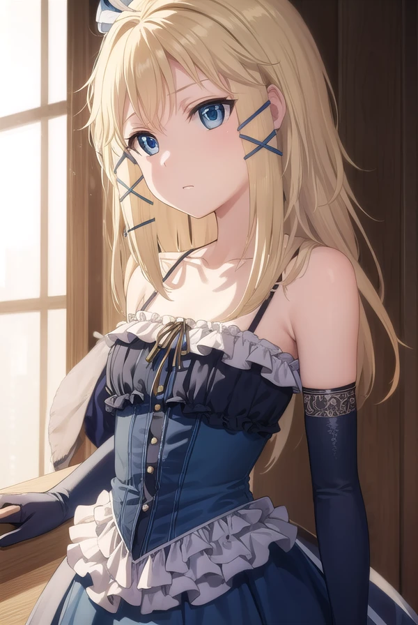 tinasprout, <lora:tina sprout s1-lora-nochekaiser:1>,
tina sprout, long hair, blonde hair, hair ornament, blue eyes,
BREAK gloves, dress, bare shoulders, frills, black gloves, elbow gloves, blue dress, frilled dress,
BREAK indoors,
BREAK looking at viewer, (cowboy shot:1.5),
BREAK <lyco:GoodHands-beta2:1>, (masterpiece:1.2), best quality, high resolution, unity 8k wallpaper, (illustration:0.8), (beautiful detailed eyes:1.6), extremely detailed face, perfect lighting, extremely detailed CG, (perfect hands, perfect anatomy),