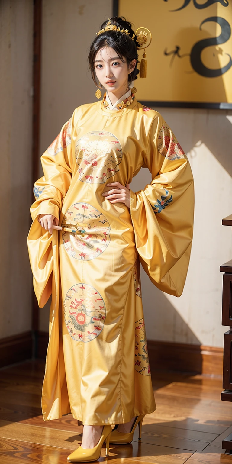 1girl, breast outline, yellow loong_print_gown, full body, stand, ancient Chinese hairstyle, high heels, big breasts,


masterpiece, best quality, photorealistic,