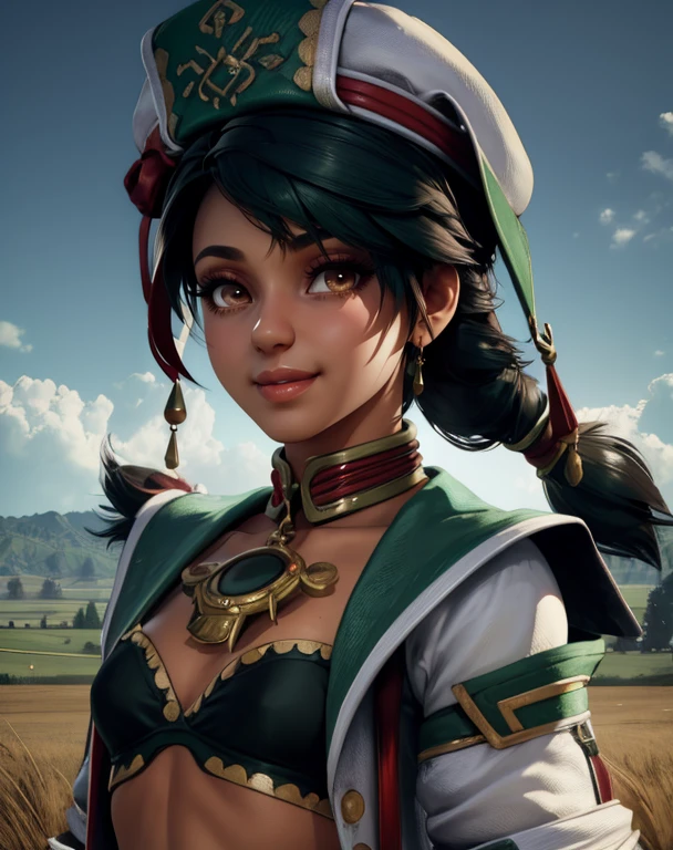 talim,black hair,twintails,brown eyes,
white hat,midriff,green top,cropped jacket,jewelry,
small town,plains,
upper body,standing,smile,
(insanely detailed, beautiful detailed face,beautiful detailed eyes, masterpiece, best quality) cinematic lighting,<lora:talimSC6:0.8>,