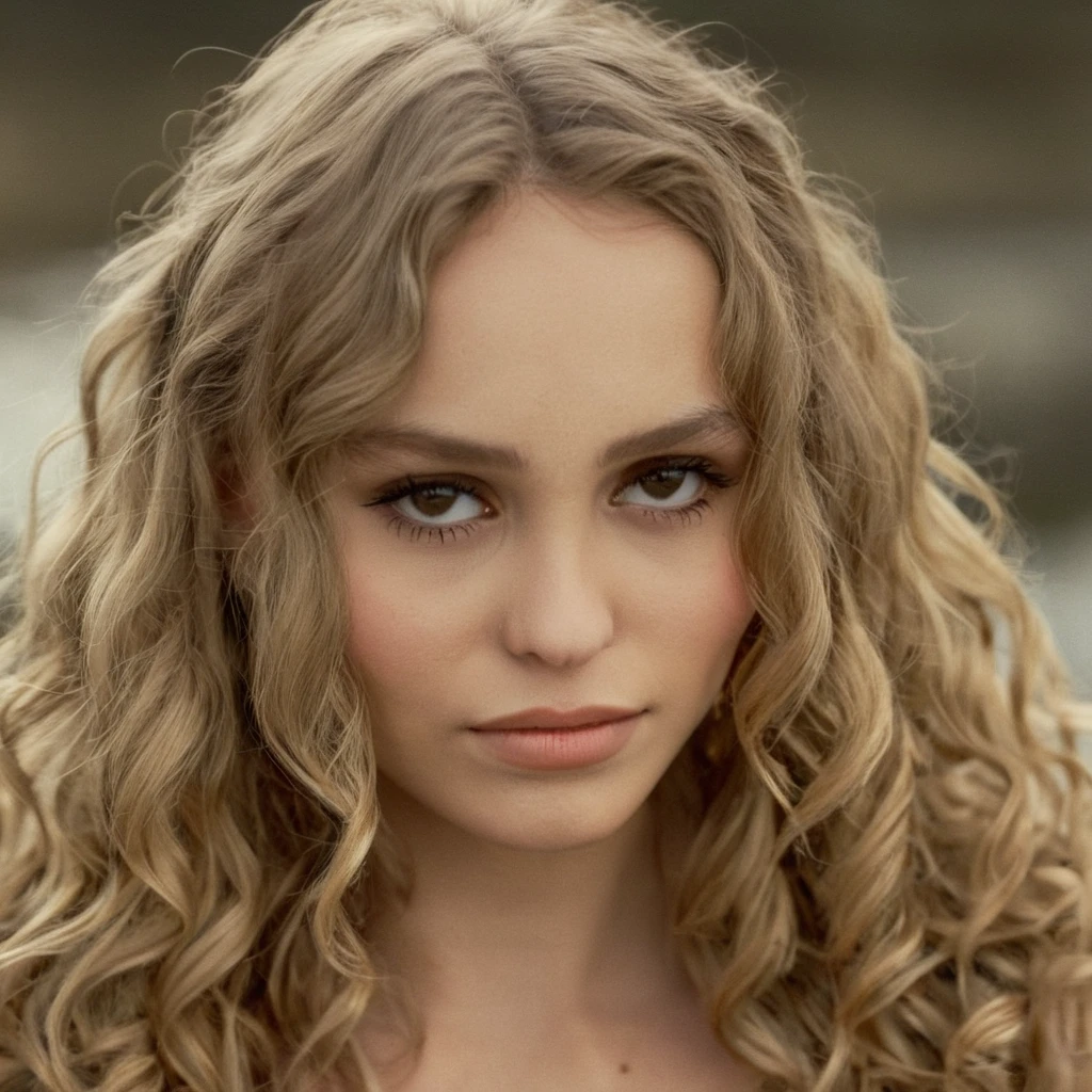 High res closeup portrait photo of a woman with long curly blonde hair, f /2.8, Canon, 85mm,cinematic, high quality, skin texture, looking at the camera, <lora:lirosedepp_xl_1_standard_merger_31_78_05_05:1.1>