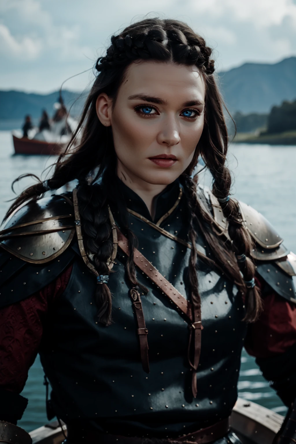 <lora:mondongo_LoRA_JosefinAsplund:1> mndngwmn, eyeliner, wearing a viking leather armor, leather pauldrons, on a longboat, braids, pale skin, fullbody shot, (ultra realistic, 8k,high quality)