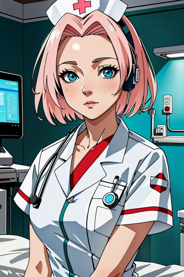 ((masterpiece, best quality,lower_body)), operating table,medical monitors,hospital bed,   <lora:cybr_nrs_v1.0-000006:0.8> (cyber_nrs,, 1girl, short sleeves, headphones, nurse cap, nurse, name tag, tinted eyewear, stethoscope,cybernetic, futuristic), (blonde hair, blue eyes,short hair,1girl,solo), <lora:Sakura:0.7> (1girl, pink_hair, green_eyes, short hair, blush, haruno sakura),