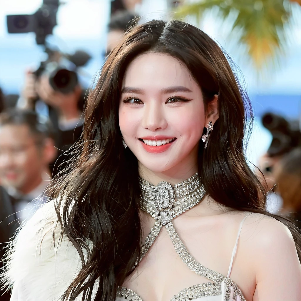 (Masterpiece Photo:1.3) of yujimin walking on the red carpet in cannes festival, (yujimin:1.4), (smiling with white teeth:1.2), luxurious long fashion dress, shoulders covered with a fur scarf, (expressive joy:1.2), perfecteyes, brown eyes, Nikon D850, 1/160s, f/2.8, ISO 640, high-resolution, embedding:SimplePositiveXLv2:0.6, voluminous dynamic hair, perfect skin