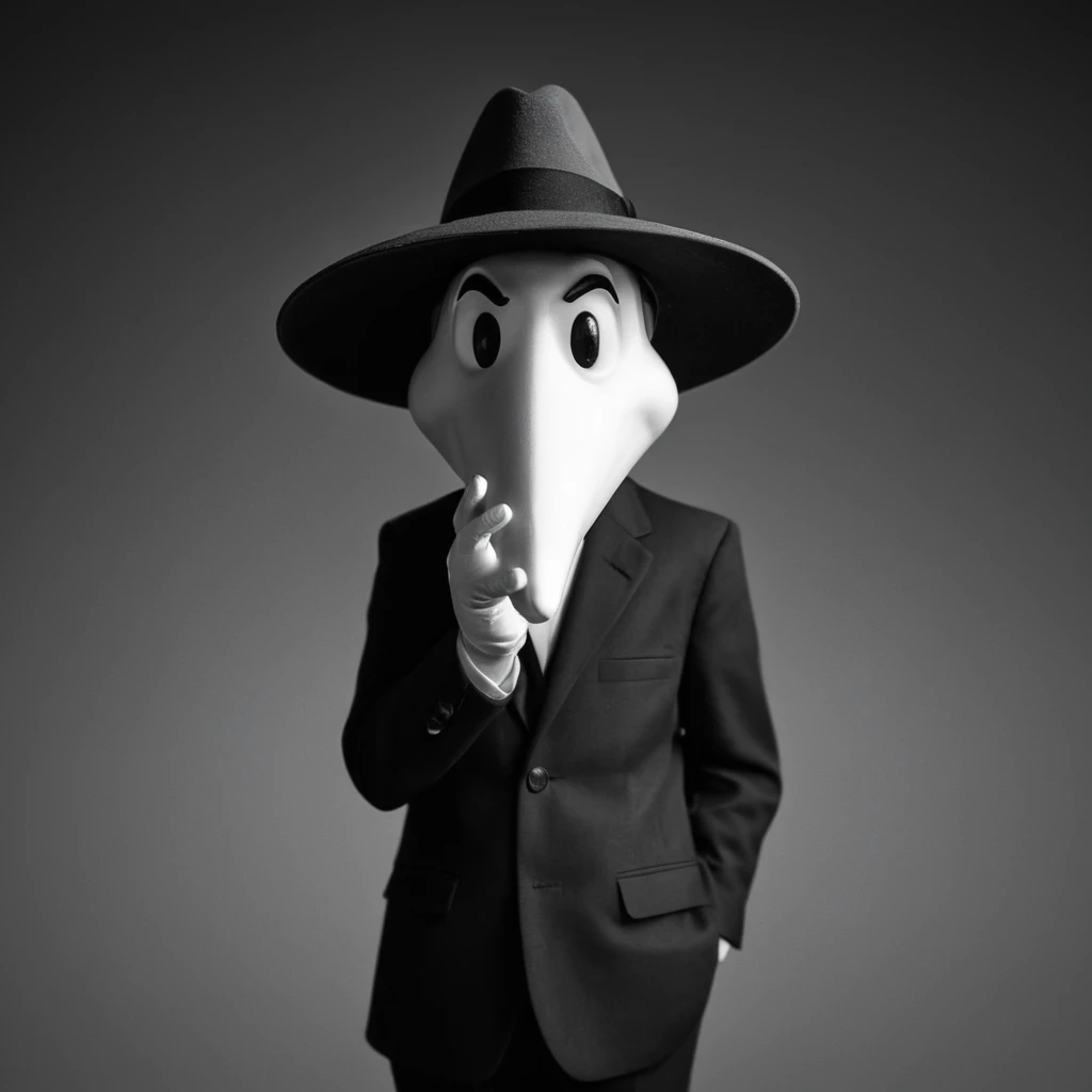 cinematic film still of <lora:spy vs spy style:1>
black vs white a painting of a man in a hat holding a carrot spy vs spy style,solo,1boy,hat,male focus,english text,formal,suit,fedora cartoon, anime, funny, synamite, shallow depth of field, vignette, highly detailed, high budget, bokeh, cinemascope, moody, epic, gorgeous, film grain, grainy