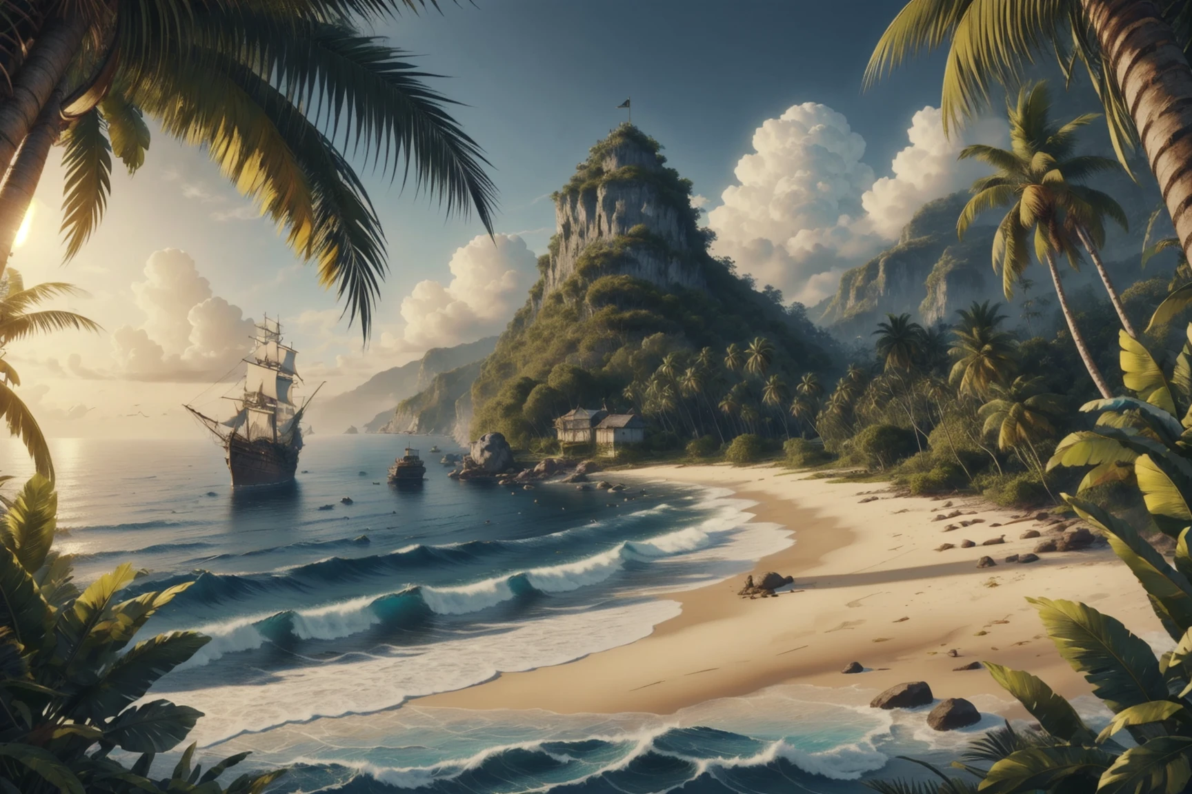 masterpiece, best quality, expressive eyes, absurdres, <lora:SalvagePirateWorld:1> salvagepirateworld, tropical coast with ocean waves and palm trees