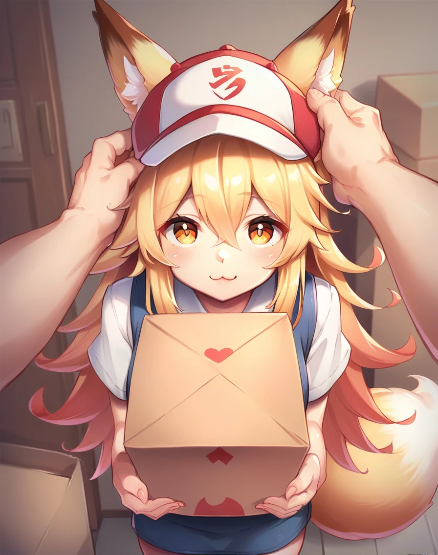 score_9, score_8_up, score_7_up,score_6_up,score_5_up,score_4_up, a delivery girl holding a box, hat, looking at viewer, :3, headpat, fox girl, o3o,
<lora:misoduki_style_xl_v1:.8> misoduki