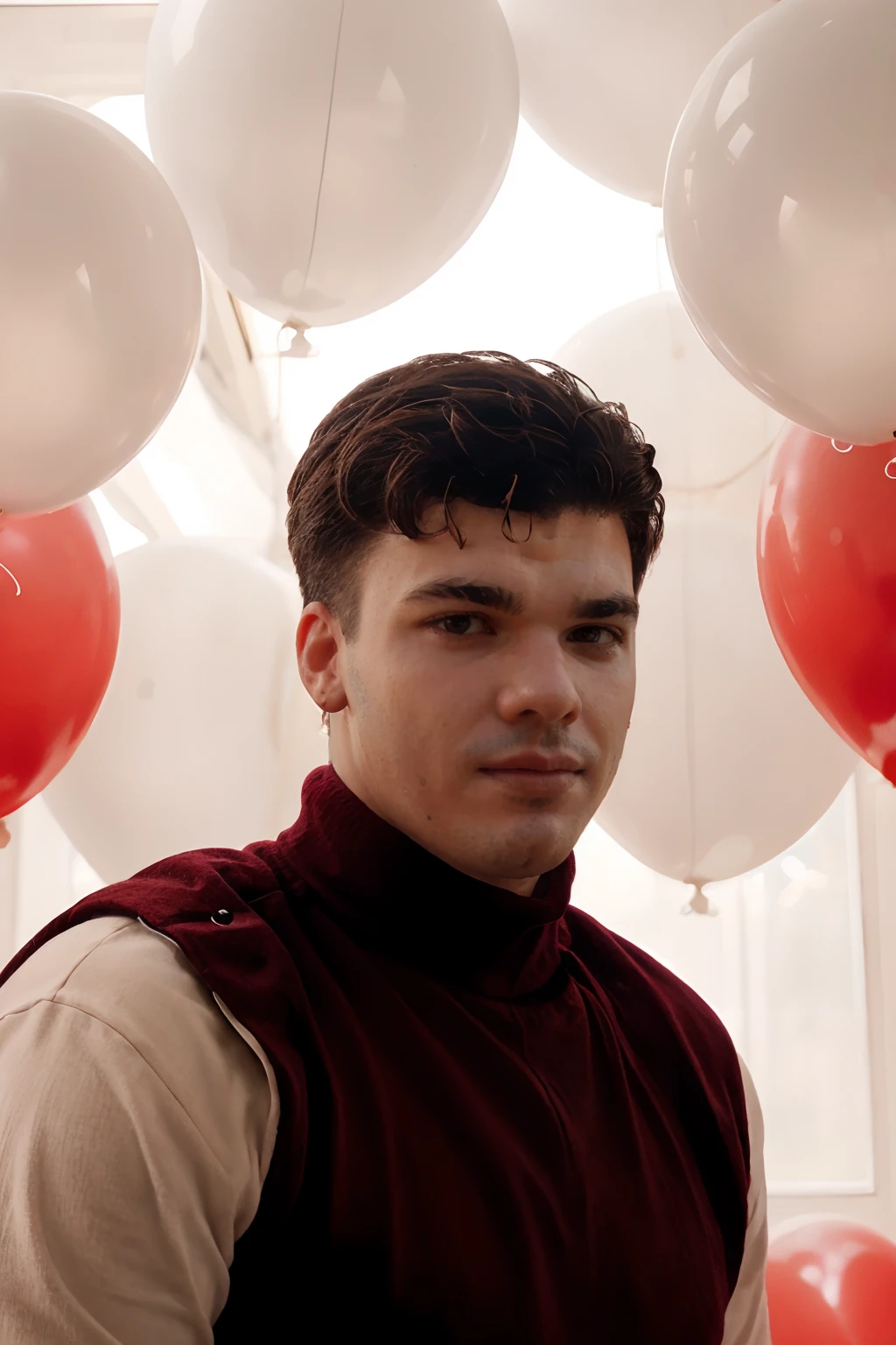 HarryClark, fashion portrait photo of handsome bearded man from the 60s wearing a (red turtleneck:1.3) standing in the middle of a ton of (white balloons:1.1), taken on a hasselblad medium format camera <lora:HarryClarkLora:1>