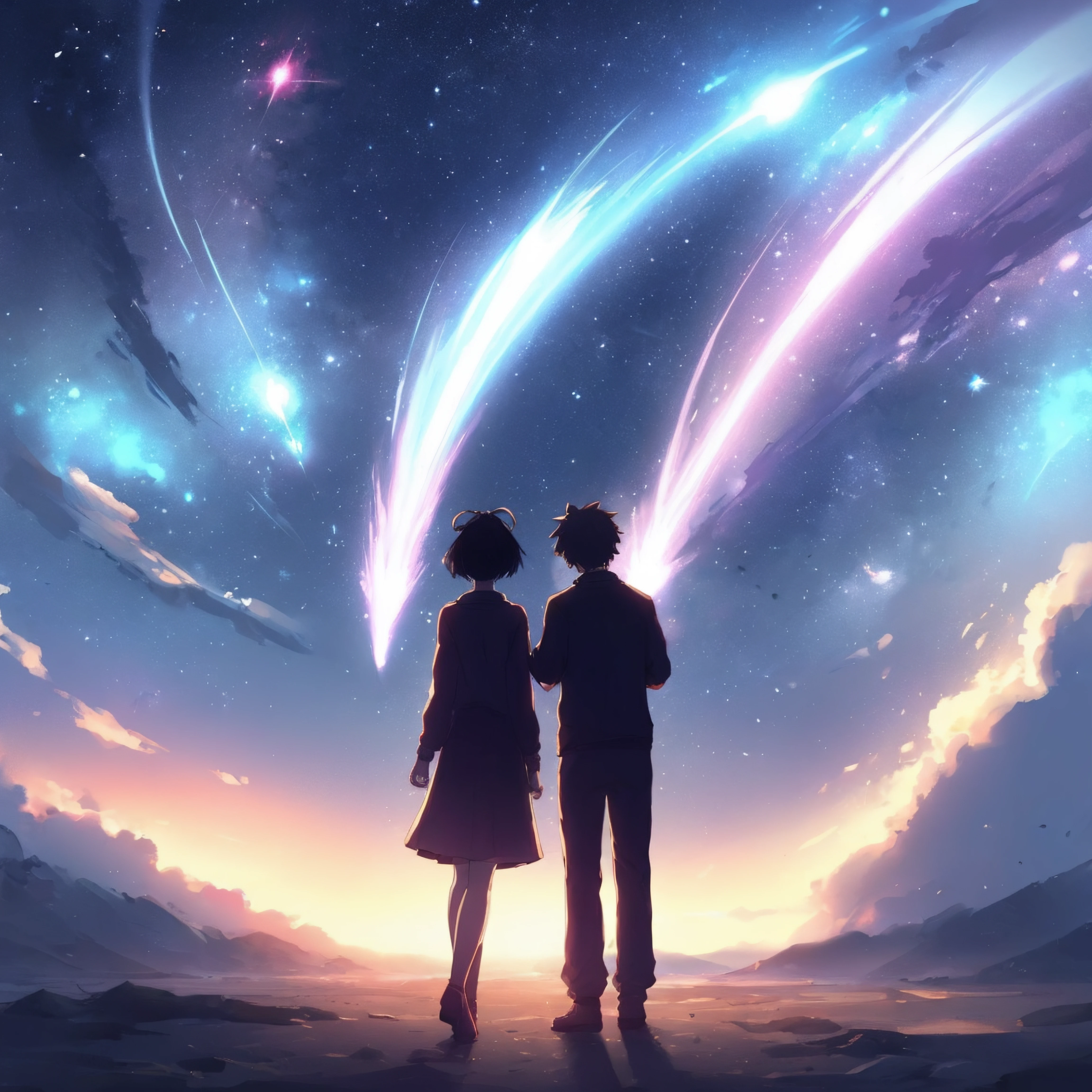 <lora:SparkleYourName:0.5>, love, sparkle, couple, anime, universe ,from the back, sky and meteors