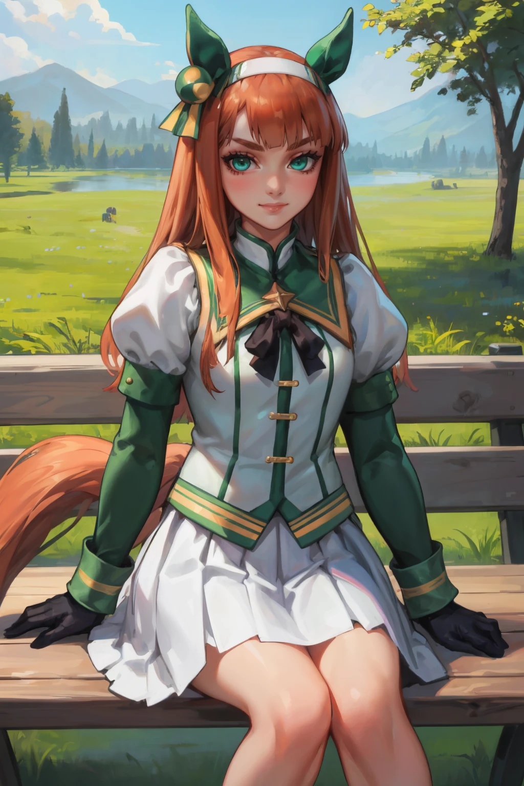 (masterpiece, best quality:1.2), solo, 1girl, silencesuzuka, smile, closed mouth, looking at viewer, sitting, bench, ear covers, green eyes, v-shaped eyebrows, puffy sleeves, short over long sleeves, black gloves, white skirt, horse tail, outdoors <lora:umamusume_silencesuzuka:1>