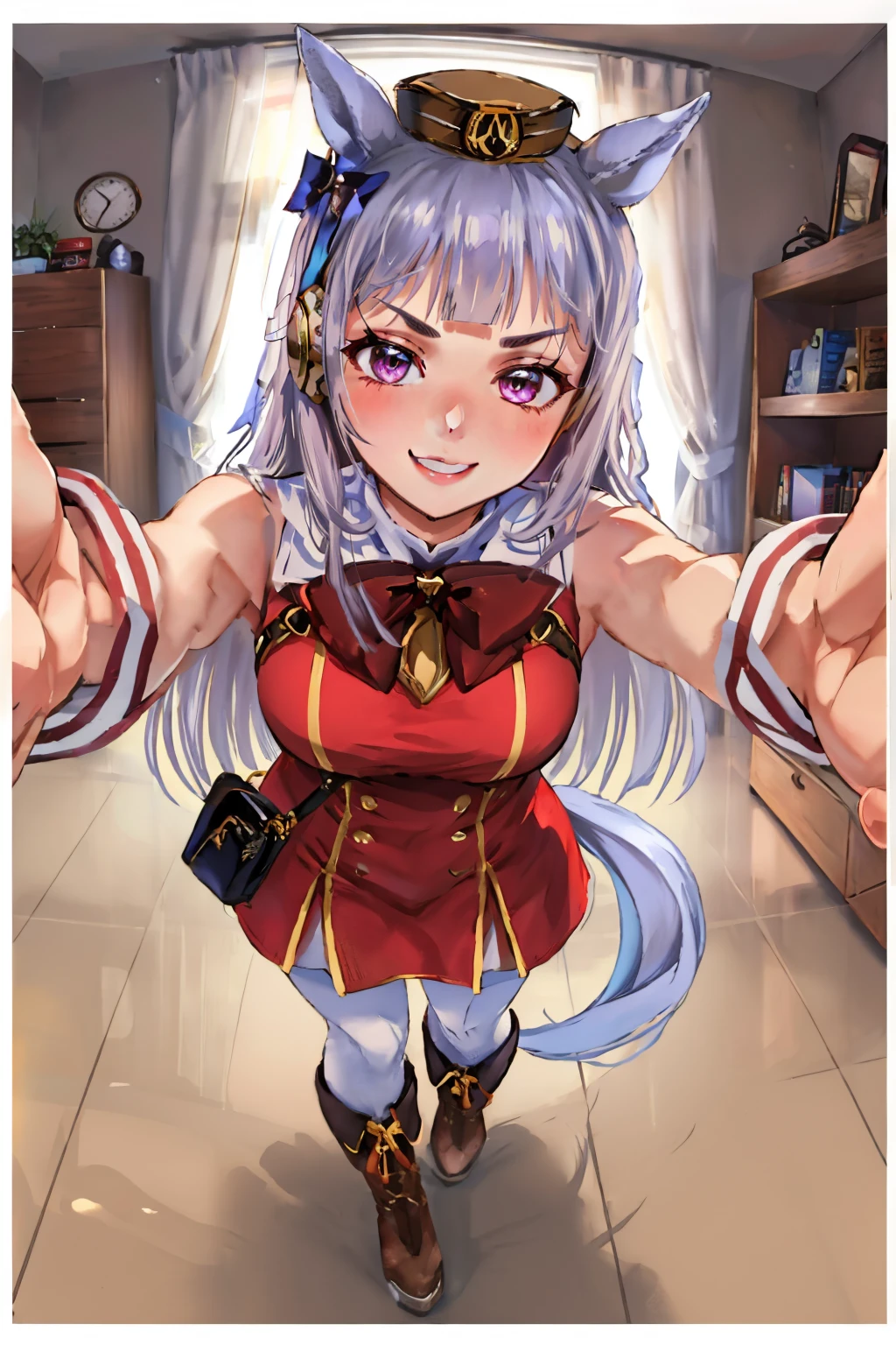 (masterpiece, best quality:1.2), solo, 1girl, umpdgoldship, smile, looking at viewer, IncrsHeadGrabPOV, pillbox hat, v-shaped eyebrows, red dress, bow, sleeveless, white pantyhose, boots, horse tail <lora:umamusume_goldship:0.8> <lora:HeadGrabPOV:1>