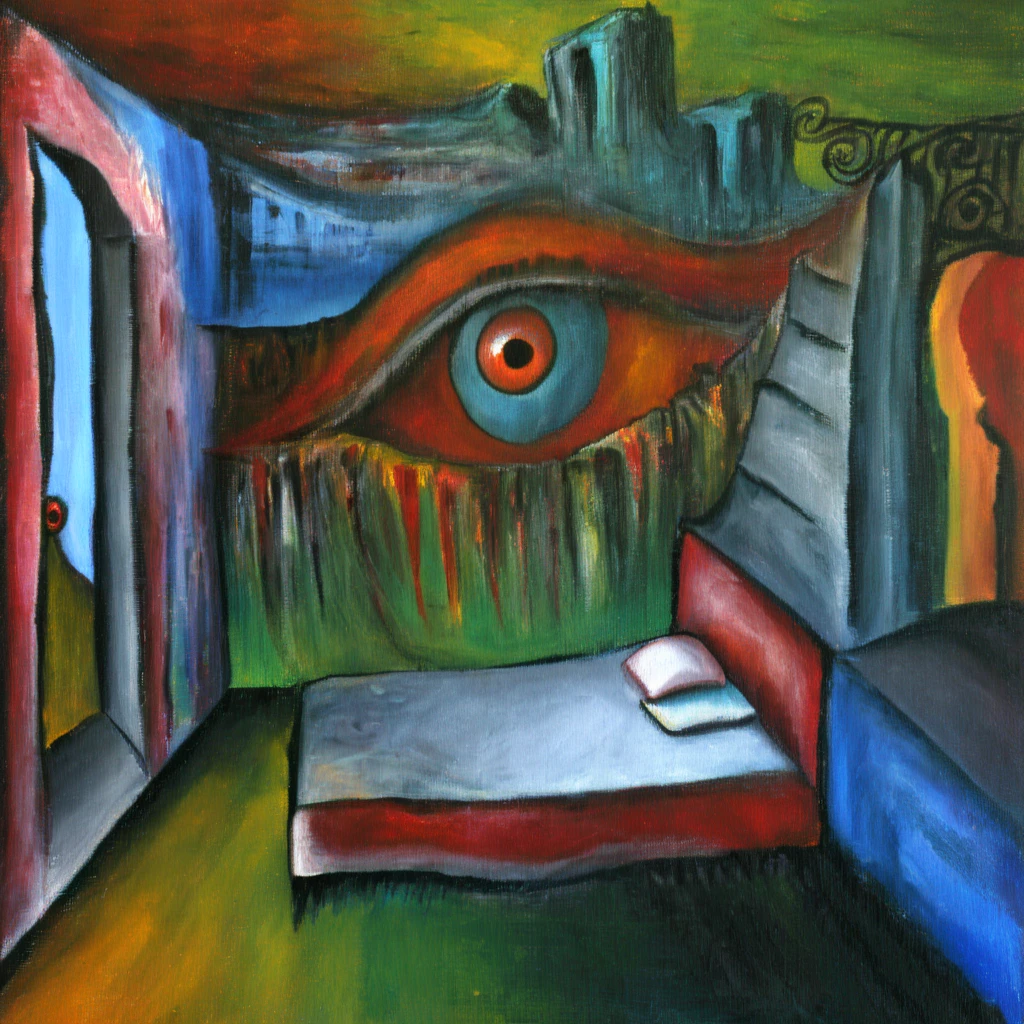 corcoc2s colorful bedroom with an eye on the bed surrealistic<lora:corcoc2s:1>