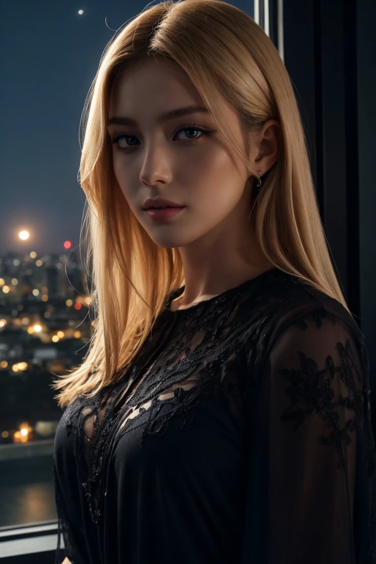 4k, 8k, ultra highres, raw photo in hdr, sharp focus, intricate texture, skin imperfections, realistic, detailed facial features, highly detailed face, posing,dark lighting,night time,((night)),window,moonlit,low lighting,long hair,(blonde hair),standing,full body,dark room