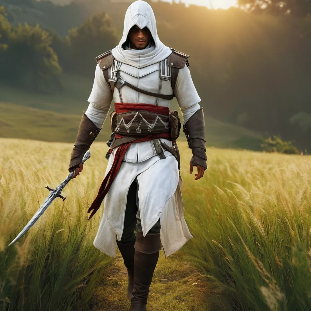 Hyperrealistic art of  <lora:Assassins Creed style:1>
Altair Ibn La Ahad a man in a white outfit walking across a field,weapon,male focus,outdoors,multiple boys,sword,hood,armor,grass,sheath,sunset,realistic,vambraces Assassinâs Creed style, Assassins Creed style, Open world, Action-adventure, Stealth, dramatic light, cinematic film look, ancient, historical, Extremely high-resolution details, photographic, realism pushed to extreme, fine texture, incredibly lifelike