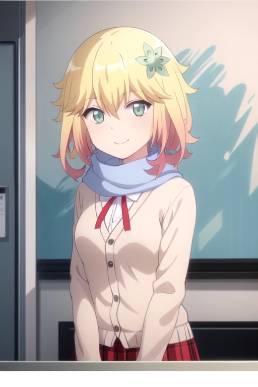 ((masterpiece)),(best quality),official art,extremely detailed CG,unity 8k wallpaper,ultra detailed,beautiful detailed eyes,extremely detailed face,indoors,1girl,solo,upper body,(portrait:1.5),looking at viewer,facing viewer,smile,short_hair,two-tone_hair,blonde_hair,hair_ornament,hair_flower,green_flower,hair between eyes,green_eyes,blue_scarf,beige_cardigan,red_ribbon,collared_shirt,white_shirt,medium_breasts,red_skirt,plaid_skirt,pleated_skirt,black_pantyhose,loafers,<lora:Tapris Sugarbell Chisaki(gdp)>,