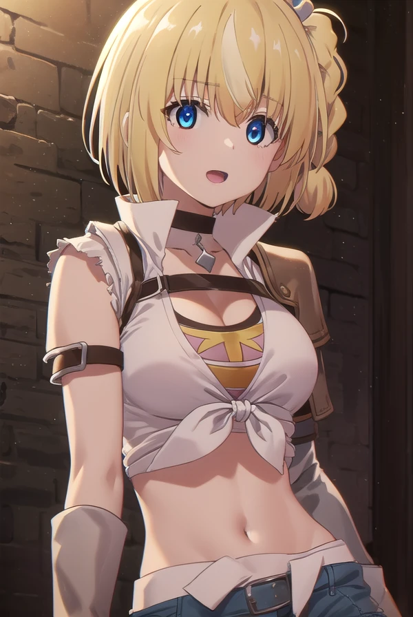 vendinglammis, <lora:vending lammis s1-lora-nochekaiser:1>,
lammis, short hair, bangs, blue eyes, blonde hair, multicolored hair, streaked hair, braid, single braid, one side up, smile, open mouth,
BREAK shirt, gloves, navel, cleavage, white shirt, shorts, sleeveless, choker, midriff, belt, fingerless gloves, crop top, short shorts, sleeveless shirt, brown gloves, red gloves, blue shorts, denim shorts, black belt, brown belt,
BREAK outdoors,
BREAK looking at viewer, (cowboy shot:1.5),
BREAK <lyco:GoodHands-beta2:1>, (masterpiece:1.2), best quality, high resolution, unity 8k wallpaper, (illustration:0.8), (beautiful detailed eyes:1.6), extremely detailed face, perfect lighting, extremely detailed CG, (perfect hands, perfect anatomy),
