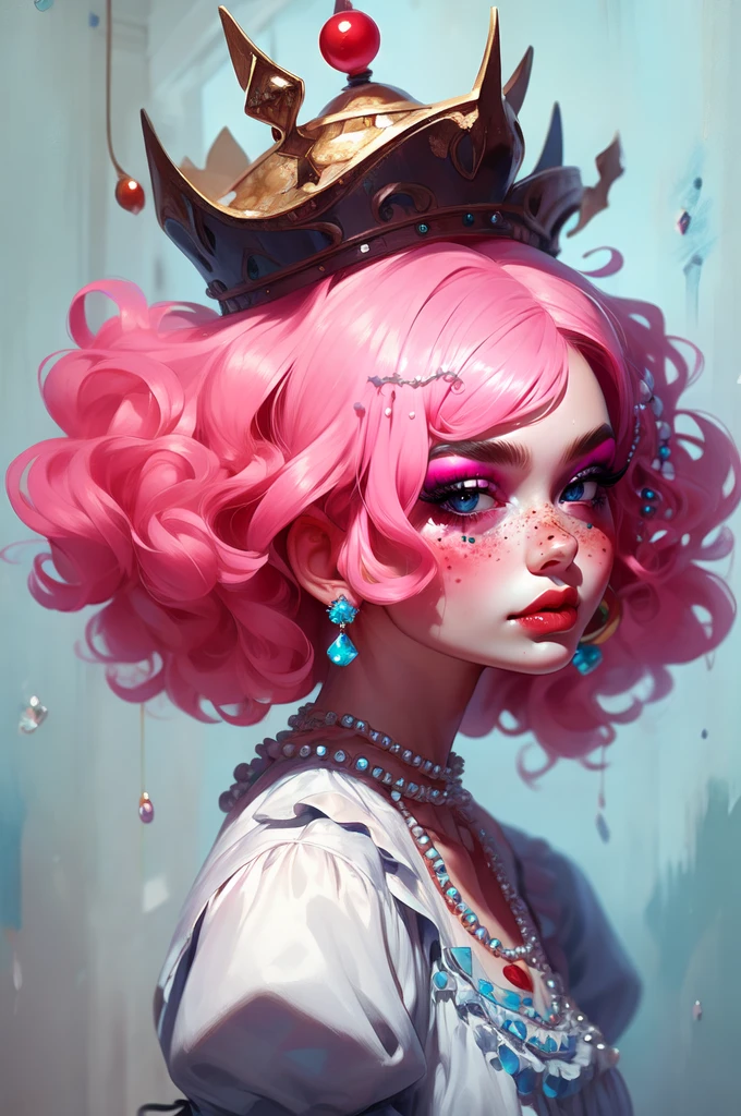 AGGA_ST046, 1girl, solo, looking at viewer, blush, blue eyes, long sleeves, hat, dress, jewelry, closed mouth, upper body, pink hair, earrings, frills, puffy sleeves, necklace, lips, eyelashes, makeup, crown, gem, eyeshadow, freckles, curly hair, red lips, planet, pearl necklace, pearl \(gemstone\)