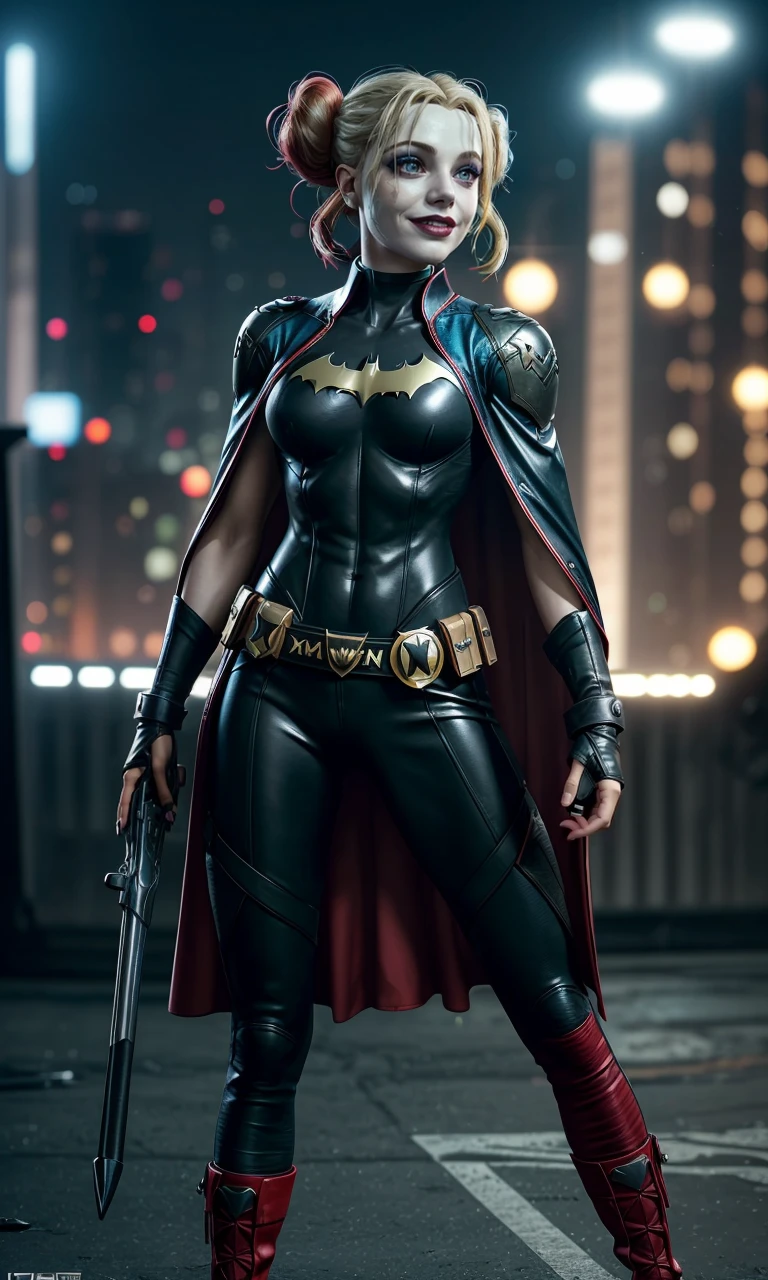harleyssktjl2024, 1girl, batgirl outfit, cape, photorealistic, 8k, uhd, masterpiece, detailed skin, skin pores, intricate, depth of field, full body, raw image, double bun, makeup, blonde hair, crazy smile, cinematic lighting, batcave, large breasts, multicolored hair, batmobile, batman \(cosplay\),