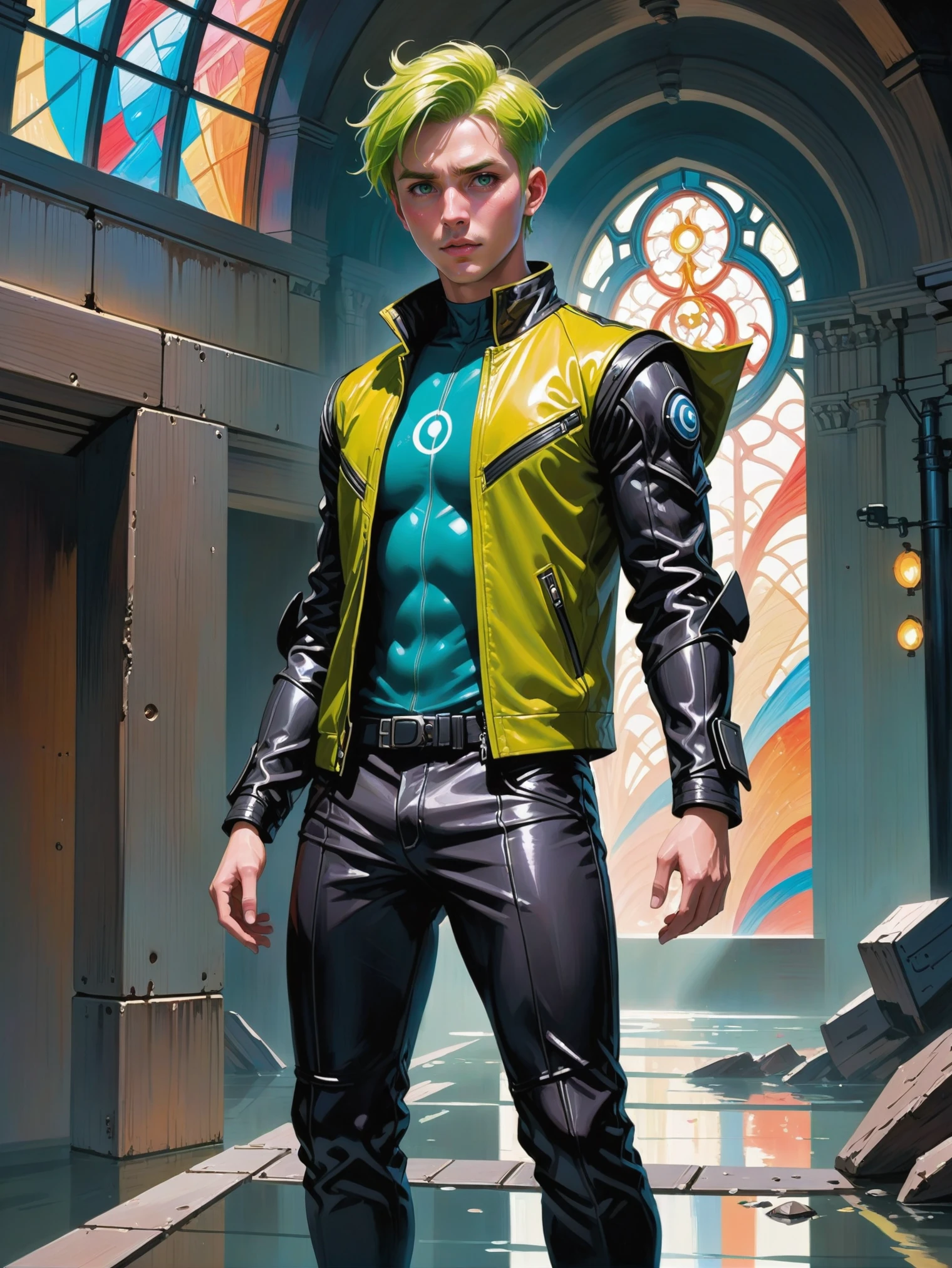 (full body:1.2), 1boy, man, solo, [:fantastical costume design,:0.2] lightningelementalist, muted sandybrown (leather jacket:1.2), korean, deep limegreen hair, (athletic:1) build, Stained glass workshop in a ghostly scifi subterranean topia outside of reality, masterpiece<lora:EnvyBetterHiresFixXL01:0@0,0@.49,1@.5:hr=1>