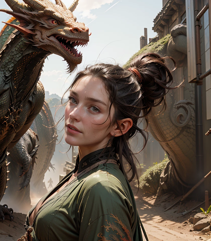(dragon:1.4), dynamic angle, dynamic pose, perspective, foreshortening, undercut,   j3nn1f3r8 with dark hair and glowing pupils, solo, detailed face,  golden eyes,  covered in dirt,  wearing rags,  torn dress, escaped from a dungeon and now wanders in a grey wasteland,  Lord of the Rings,  Tolkien,  Hillmen,  Dunlending,  a huge dragon head in background,  (medium shot) <lora:j3nn1f3r8_v6-000005:1>
  <lora:wuxia2:0.8> wuxia, (smile:0.4), western clothes, vibrant