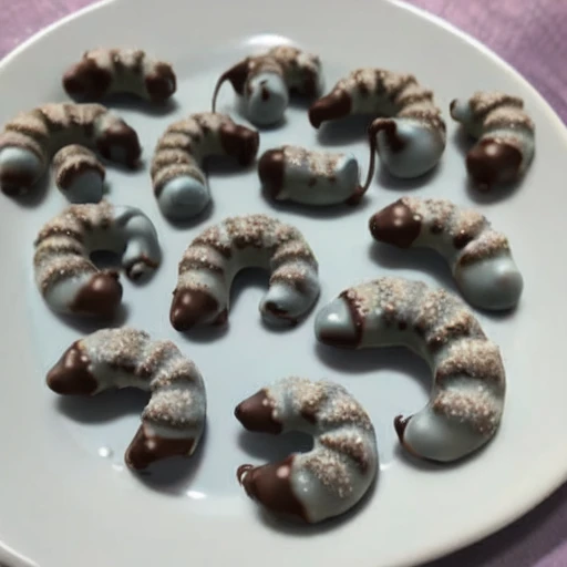 chocolate, animals, larva, sweets on the plate, <lora:larva_chocolate_v1:0.8>