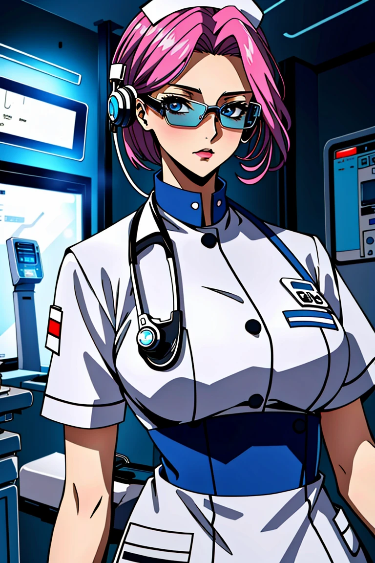 ((masterpiece, best quality,lower_body)), operating table,medical monitors,hospital bed,   <lora:cybr_nrs_v1.0-000006:0.8> (cyber_nrs,, 1girl, short sleeves, headphones, nurse cap, nurse, name tag, tinted eyewear, stethoscope,cybernetic, futuristic), (blonde hair, blue eyes,short hair,1girl,solo), <lora:cornelia_li_britanniaV2:0.7> (cornelia_li_britannia, large_breasts)