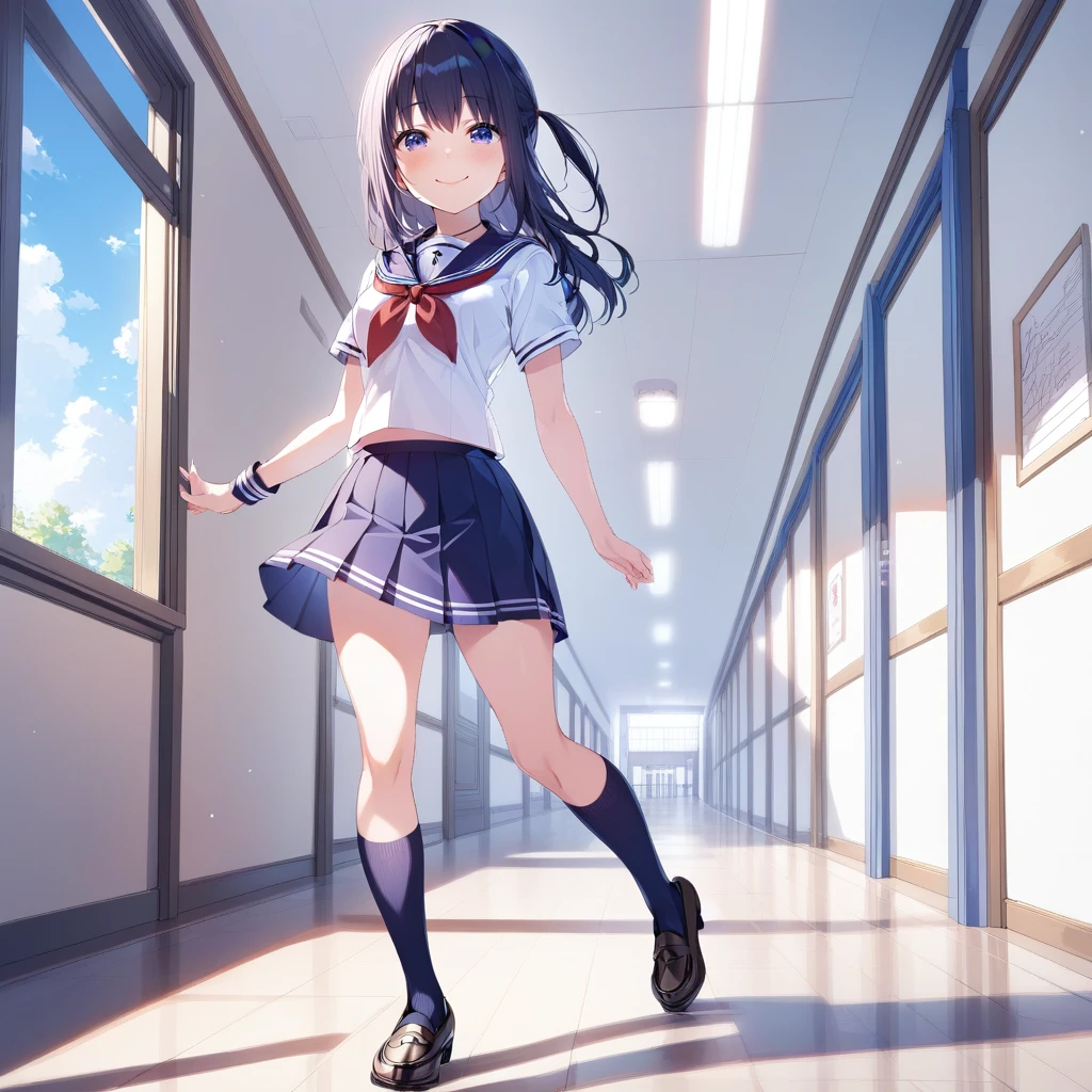 [high quality, best quality], 1girl, solo, nagase mana, one side up, hoshimi school uniform, short sleeves, <lora:mana_xl-000024:0.75>, kneehighs, loafers, school hallway, smile, blush, walking