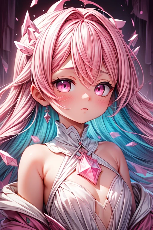 (pink theme:1.3), best quality,Epic,highly detail,Illustration,Cover,enigmatic figure,draped in translucent fabric,crystals adorning hair,dreamlike swirl,pastel hues,soft light,evoking calm serenity and elusive beauty,Non-representational,colors and shapes,expression of feelings,imaginative,highly detailed