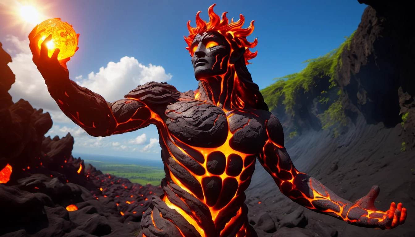 LavaRay, "Acolyte of Pain", wearing made entirely of lava with Wavy images, Sun in the sky, Depth of field 270mm, Dota style, ethereal magical atmosphere, dslr, Best quality, dreamlike