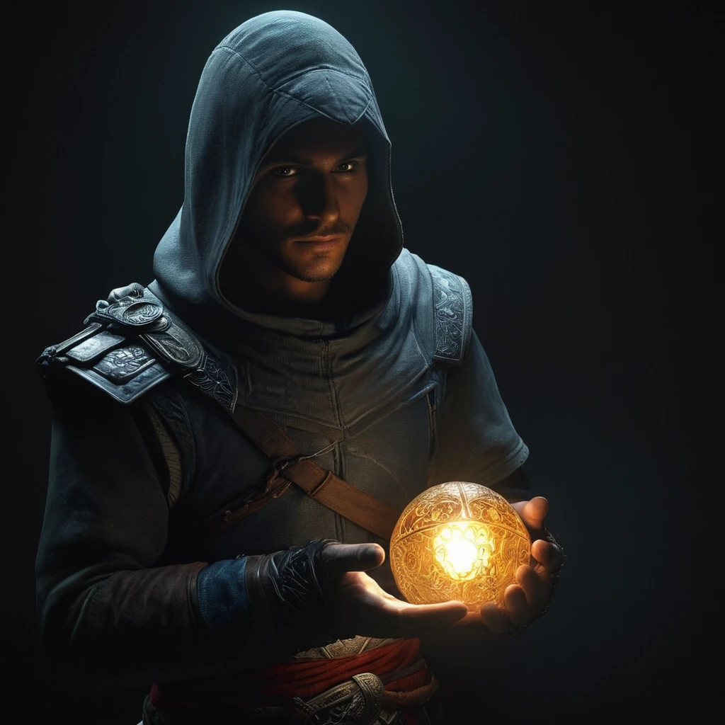 Hyperrealistic art of <lora:Assassins Creed style:1>
a person holding a glowing object in the dark,solo,simple background,1boy,male focus,glowing,black background,dark Assassinâs Creed style, Assassins Creed style, Open world, Action-adventure, Stealth, dramatic light, cinematic film look, ancient, historical, Extremely high-resolution details, photographic, realism pushed to extreme, fine texture, incredibly lifelike