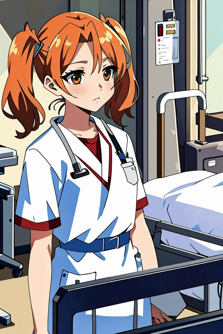 ((masterpiece, best quality,lower_body)), operating table,medical monitors,hospital bed,   <lora:Chika_Naruse_v1.2-000006:0.8> (chika naruse,twintails), nurse, nurse cap