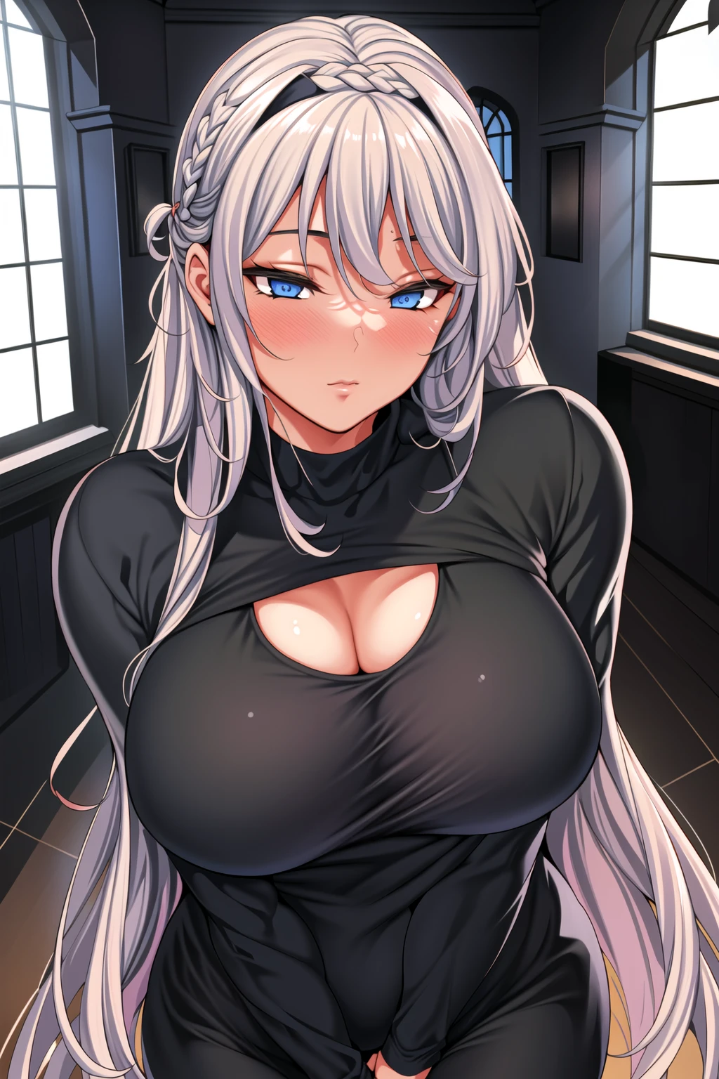 1Yukino, best quality, silver hair, blue eyes, in a black hoodie, cute girl, her expression is solemn, hentai face, she has a cute expressive face, sexy breast