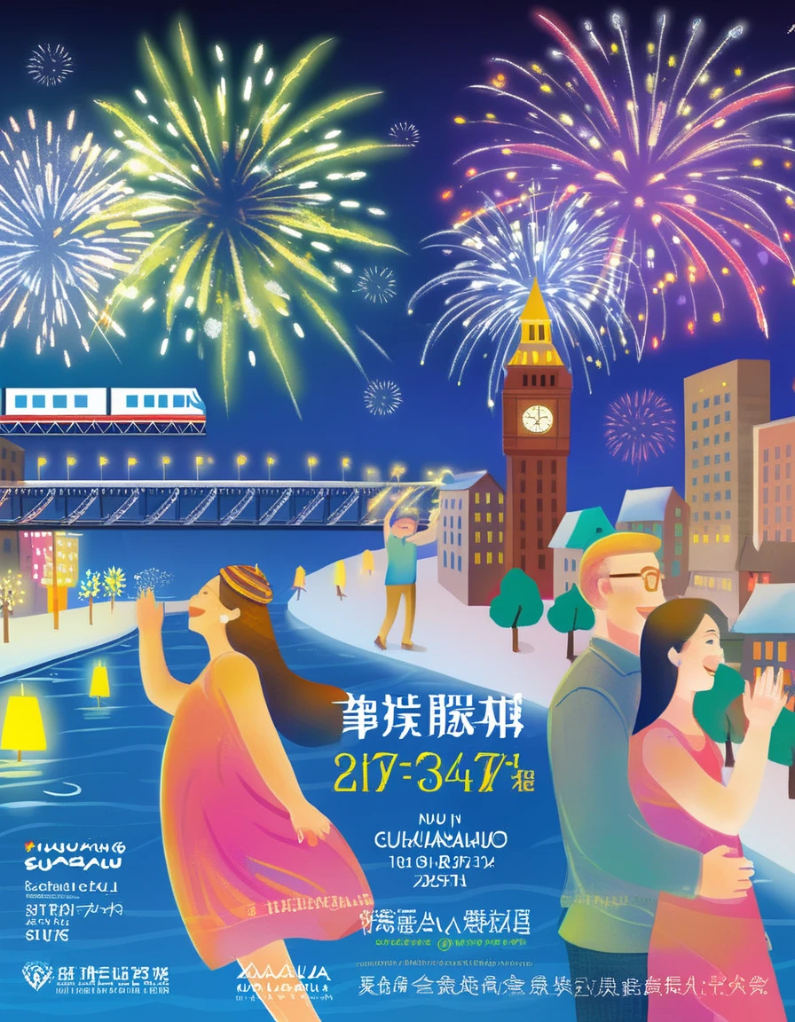 Create a joyous promotional poster in a vibrant digital painting style, capturing the excitement of a riverside fireworks festival. The artwork should feature a bustling crowd of diverse individuals, all gathered along the riverbank with expressions of awe and happiness as they watch the night sky illuminate with an array of colorful fireworks. Incorporate vivid colors and dynamic lighting to mimic the glittering reflections on the water's surface, enhancing the festive atmosphere. The poster must also include bold and celebratory typography announcing the event, with details elegantly integrated into the lively scene, <lora:poster2-000040:0.6>