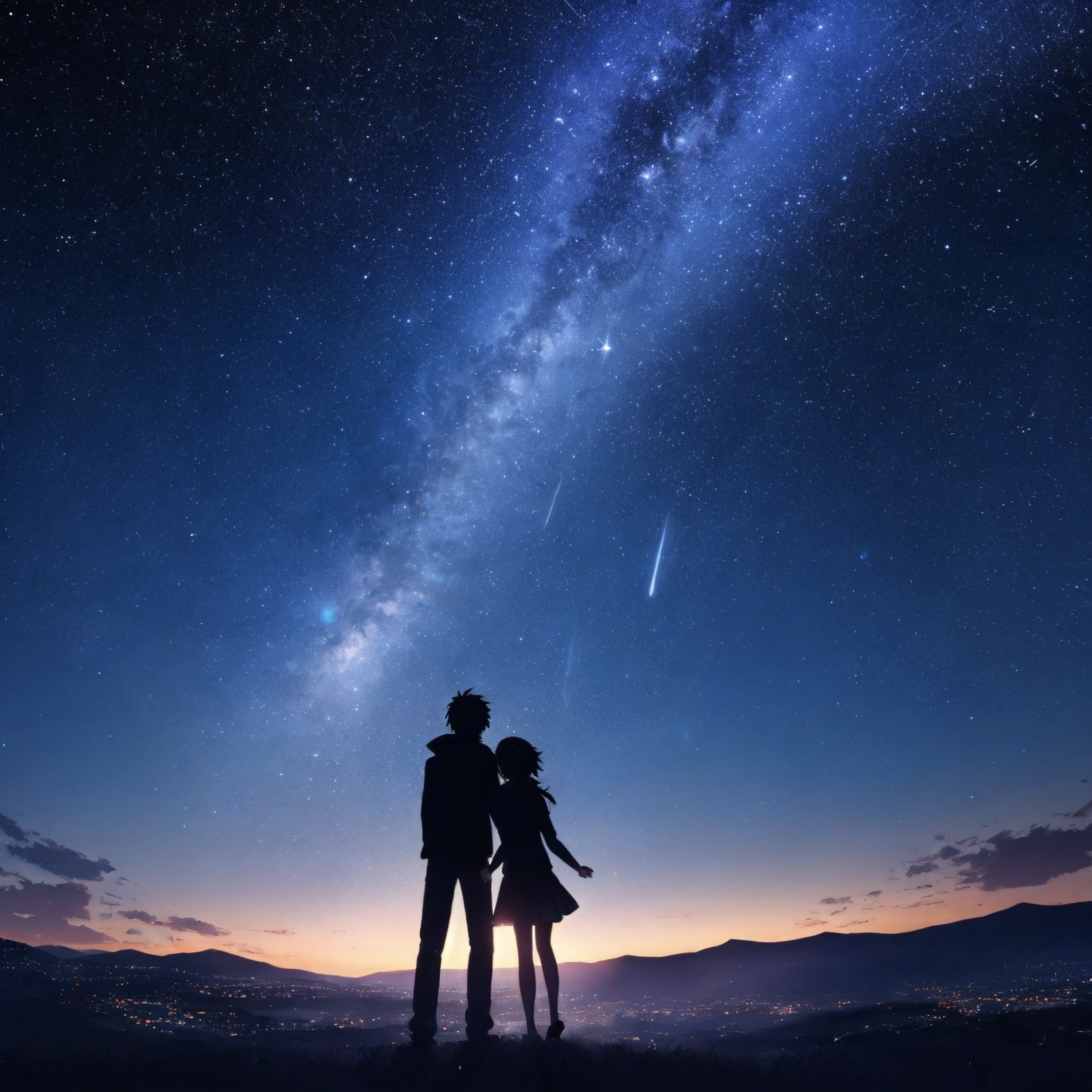 couple, shooting stars, sky, night, Sparkle, <lora:SparkleYourName:0.4>, (YourName:1)