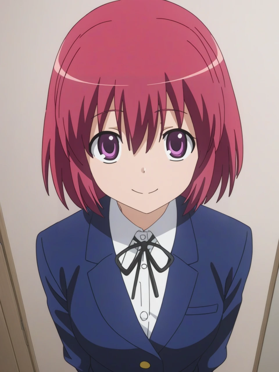best quality,masterpiece,highres,absurdres,1girl,solo,newest,rating: explicit,nsfw, looking at viewer , <lora:Kushieda_Minori_XL-step00001400:0.8> ,(kushieda_minori, short hair, red hair, purple eyes), school uniform, oohashi high school uniform, jacket, blazer, shirt,smile,