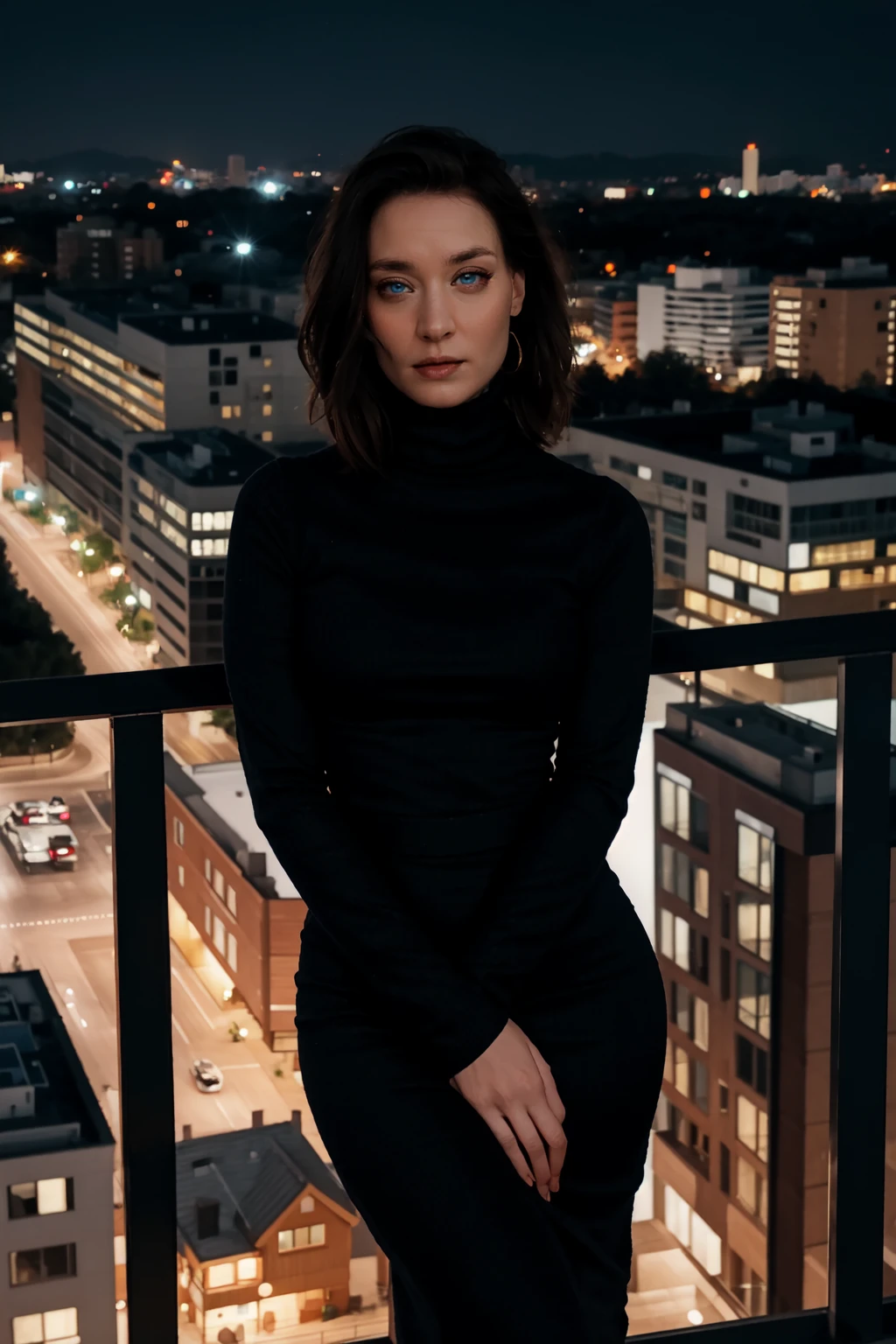 <lora:mondongo_LoRA_JosefinAsplund:1> mndngwmn, eyeliner, wearing a turtleneck bodycon dress, on a balcony at night with city on background, (ultra realistic, 8k,high quality), above the waist photo