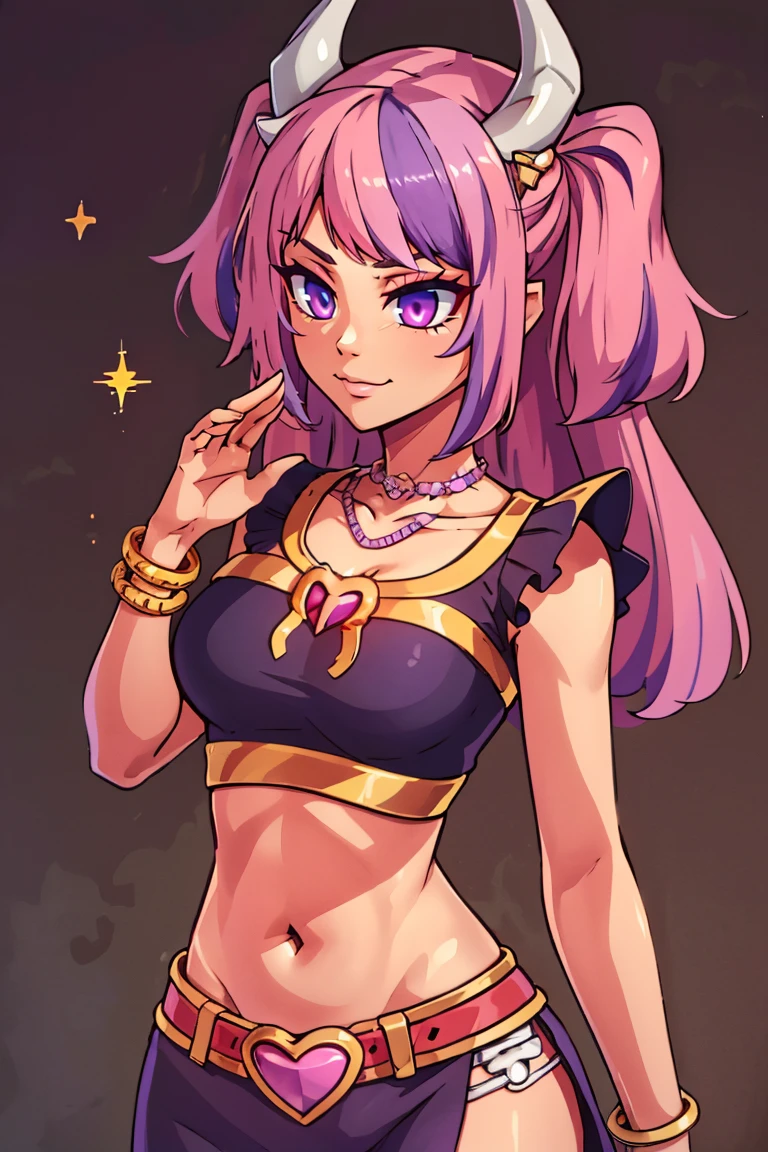 ((masterpiece,best quality)), absurdres,
<lora:Ironmouse:0.8>,  purple eyes, pink hair, purple hair, horns, streaked hair, smile, hearts, 
ironmouse, :3, absurdres, choker,grey background, highres, medium breasts, two side up, 
beautiful eyes,  <lora:Egyptian_Icons:0.7>, Egyptian_Icons, still life, gold, sparkle, golden harem outfit, iridescent gold, golden necklace, golden anklets, golden bracelets, golden belt, golden chain decoration, <lora:Savage_Design:0.7> Savage_Design,  bone necklace, tribal, pelvic curtain, crop top, upper body,  demon bones, demon skull,