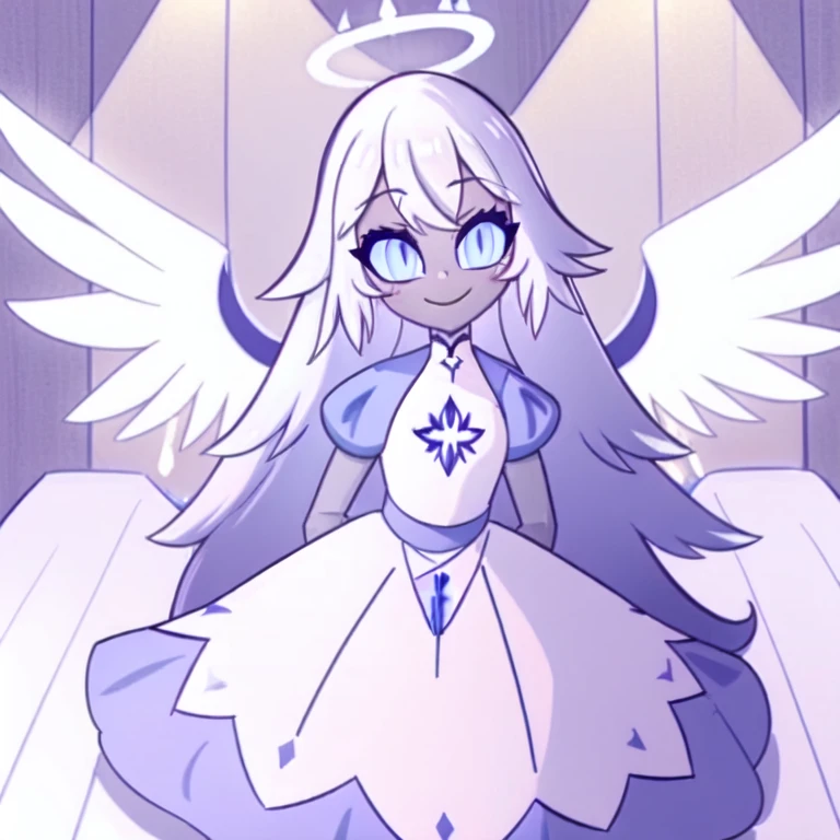 (in a wooden bedroom:1.1), a girl, angel, angel wings, blue eyes, colored skin, Emily, grey skin:1.2, halo, light blue sclera, long hair, closed mouth, petite, smile, very long hair, white dress, white hair, colored skin,  <lora:EmilyHazbinv1:0.8>