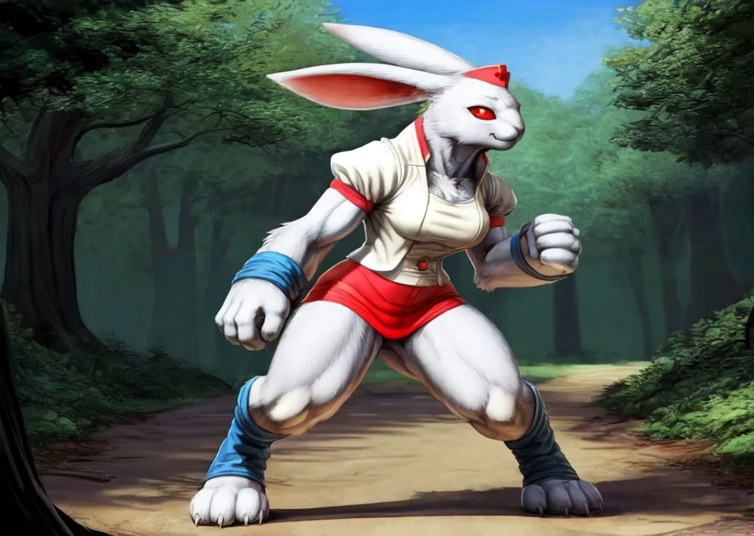 anthro,
female,
solo,
nurse outifit,
white fur,
white body,
red chocker,
white nurse outfit,
<white jacket:1.3>,
white nurse outfit,
white clothes,
blue short,
blue spats,
blue bracelets,
blue socks,
blue armguards,
red eyes,
standing,
fighting,
fighting pose,
park,
trees,
no people,
 <lora:Rabbit_Bloody_Roar:1> rabbit_bloody_roar, (best quality, good quality:1.4),
 masterpiece, 
best quality, 
photorealistic, 
hyperrealistic, 
ultradetailed, 
detailed background, 
photo background, 
digital drawing (artwork), 
by o-kemono, 
by darkgem, 
by scruffythedeer, 
by syuro,
